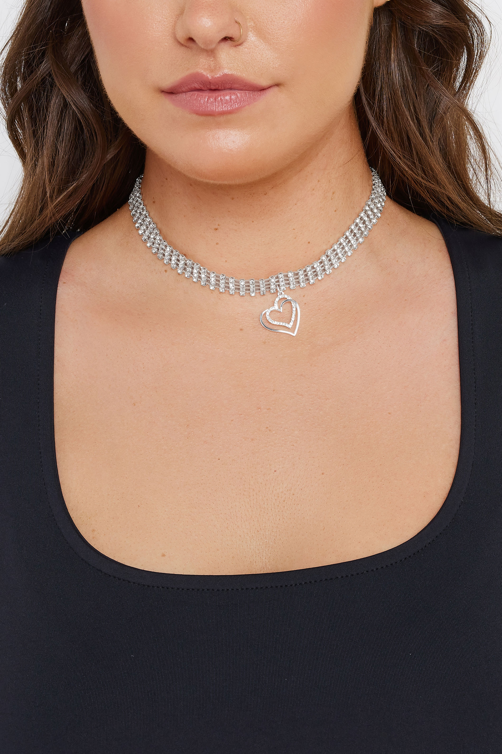 Silver Tone Diamante Heart Pendant Choker | Yours Clothing  1