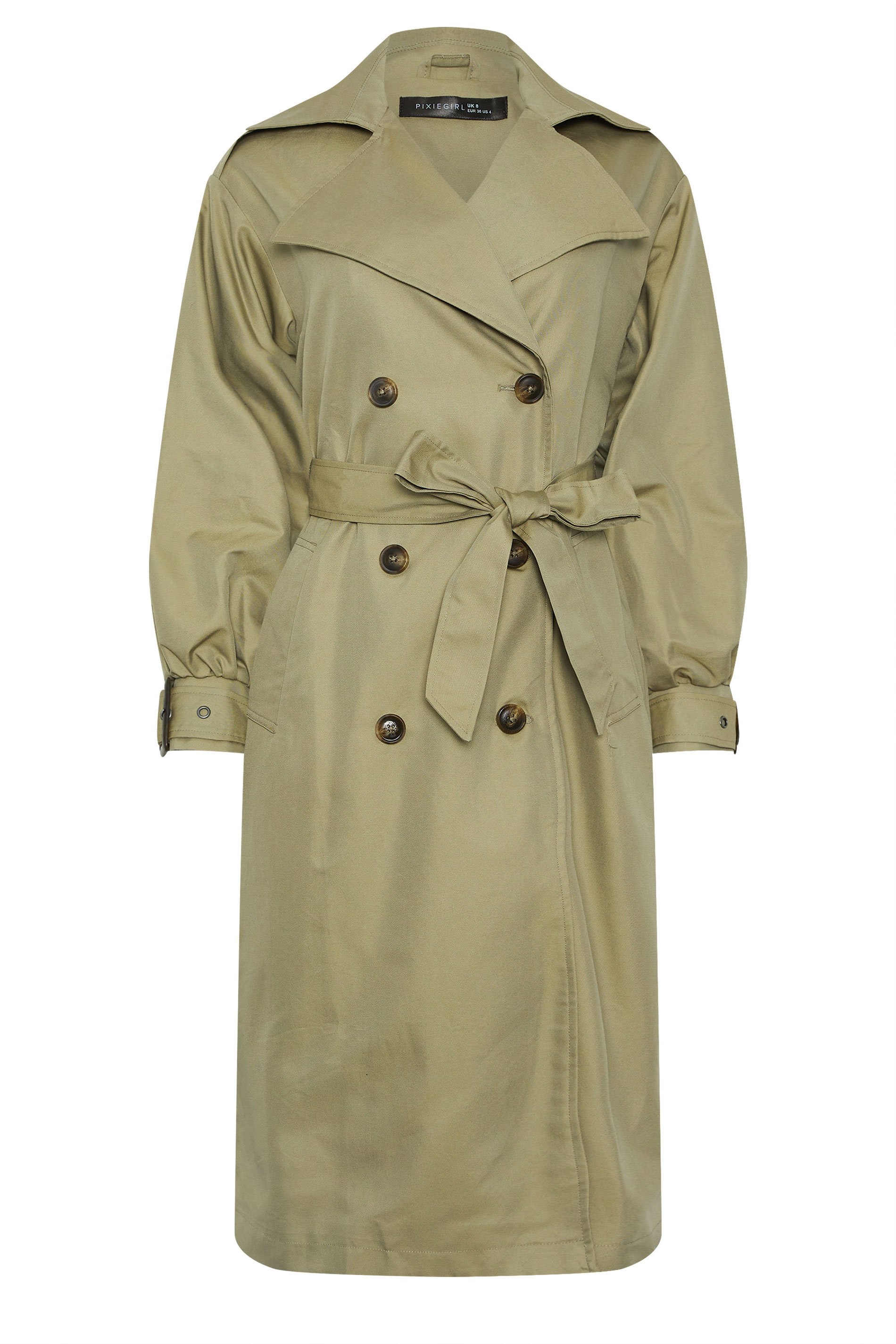 PixieGirl Petite Women's Sage Green Balloon Sleeve Buckle Trench Coat | PixieGirl 5