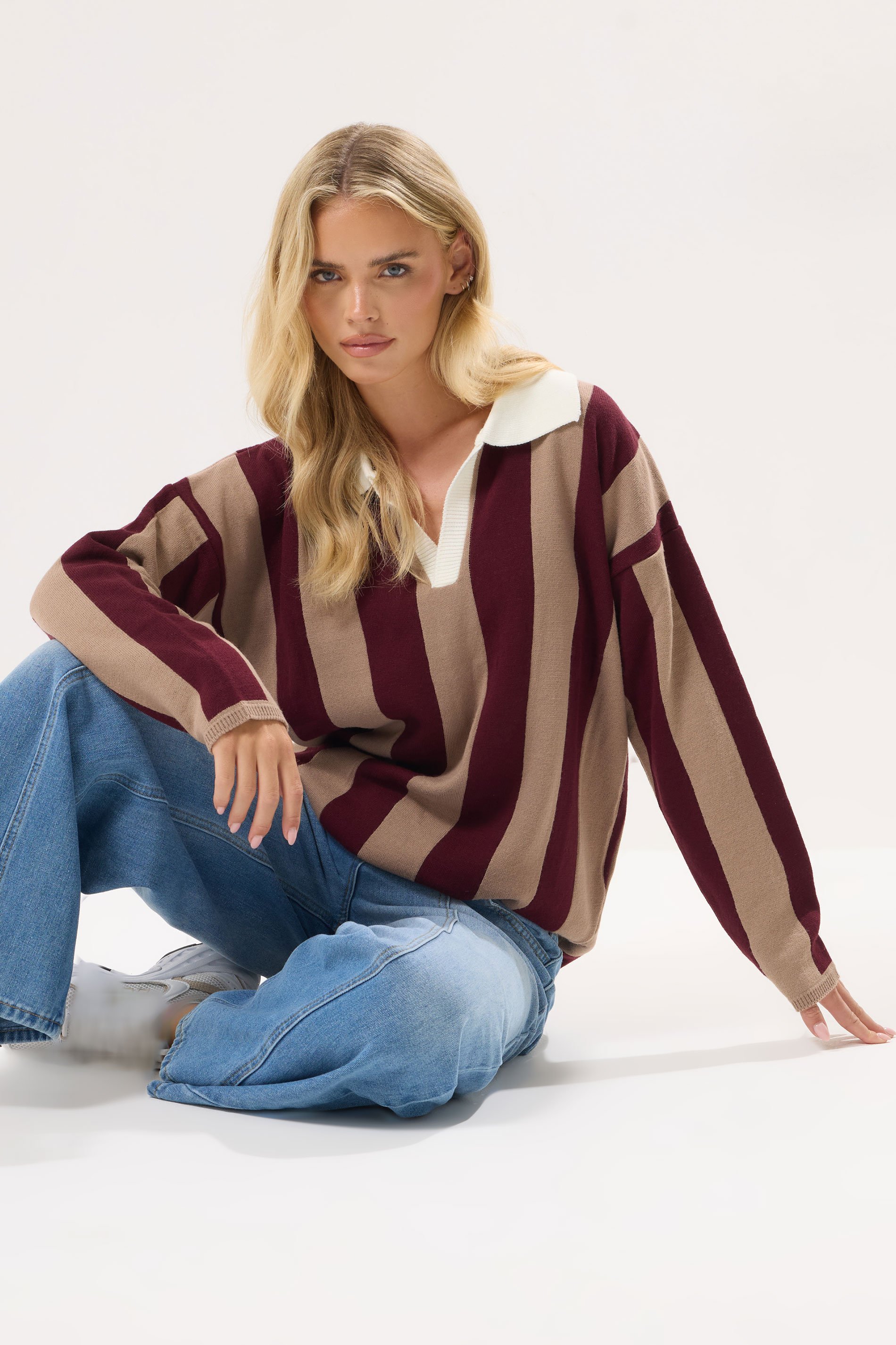PixieGirl Petite Women's Dark Red Knitted Stripe Collar Jumper | PixieGirl 1