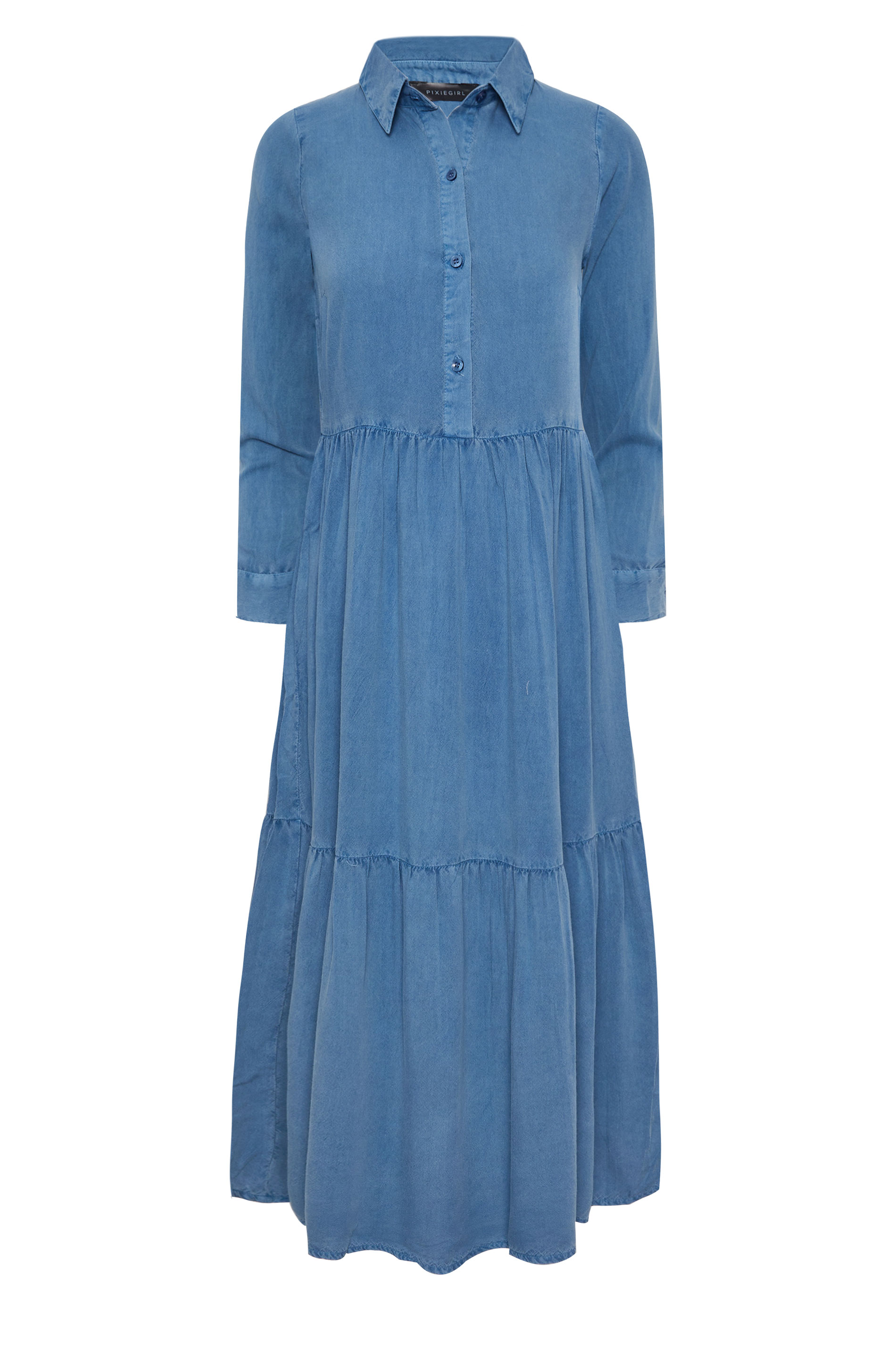 PixieGirl Petite Women Blue Acid Wash Tiered Smock Dress | PixieGirl 5