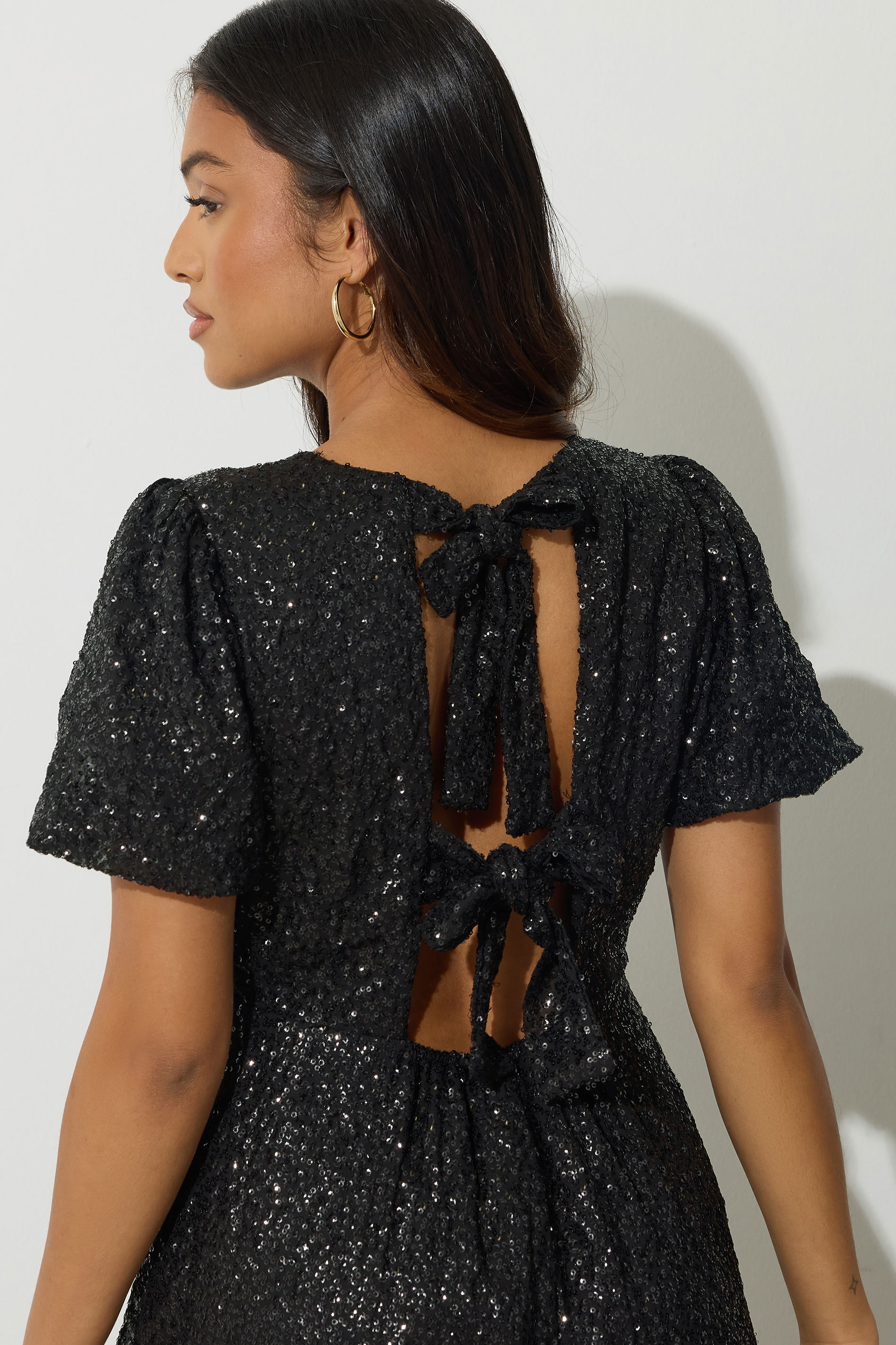 PixieGirl Petite Womens Black Sequin Tie Back Midi Dress | PixieGirl 6