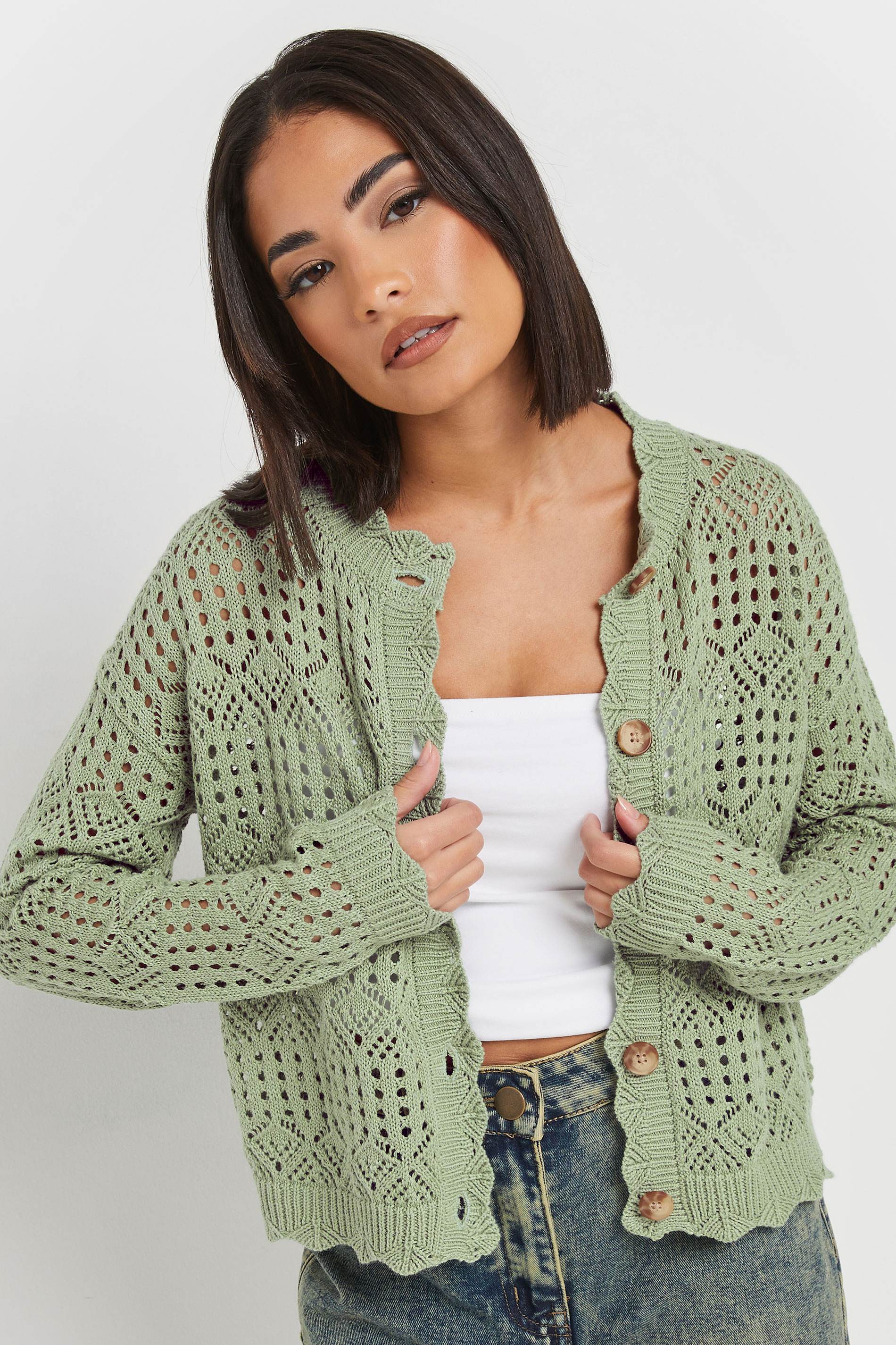 PixieGirl Sage Green Crochet Button Cardigan 2