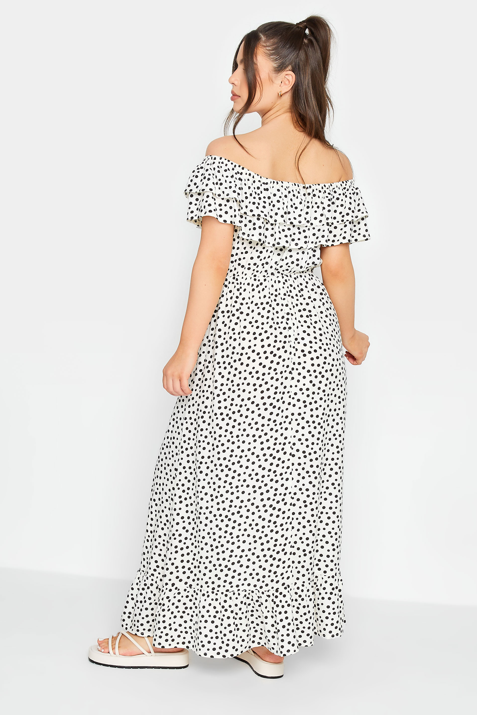 PixieGirl White Polka Dot Frill Bardot Maxi Dress | PixieGirl 3