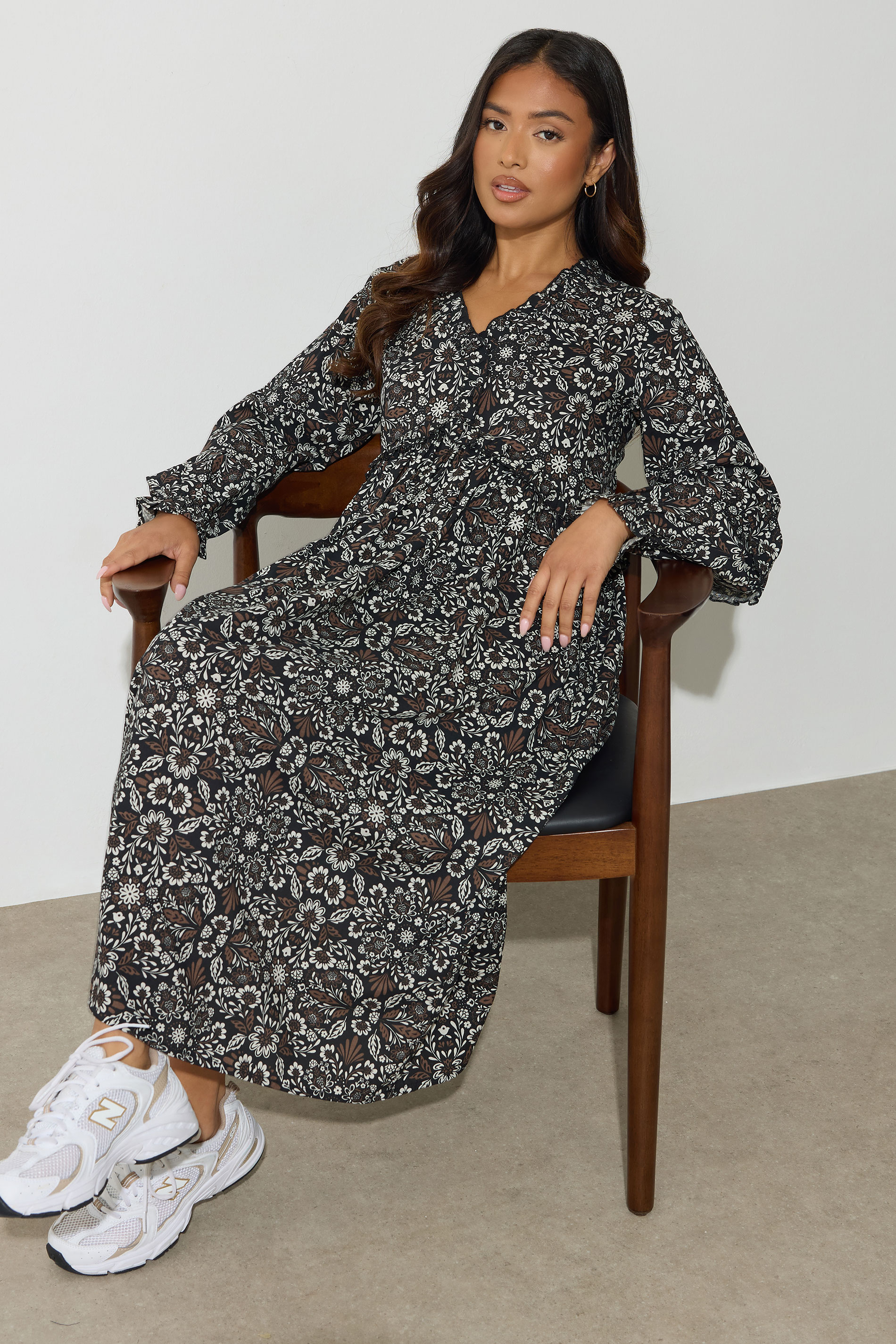 PixieGirl Petite Women's Black & Brown Floral Midaxi Dress | PixieGirl 2