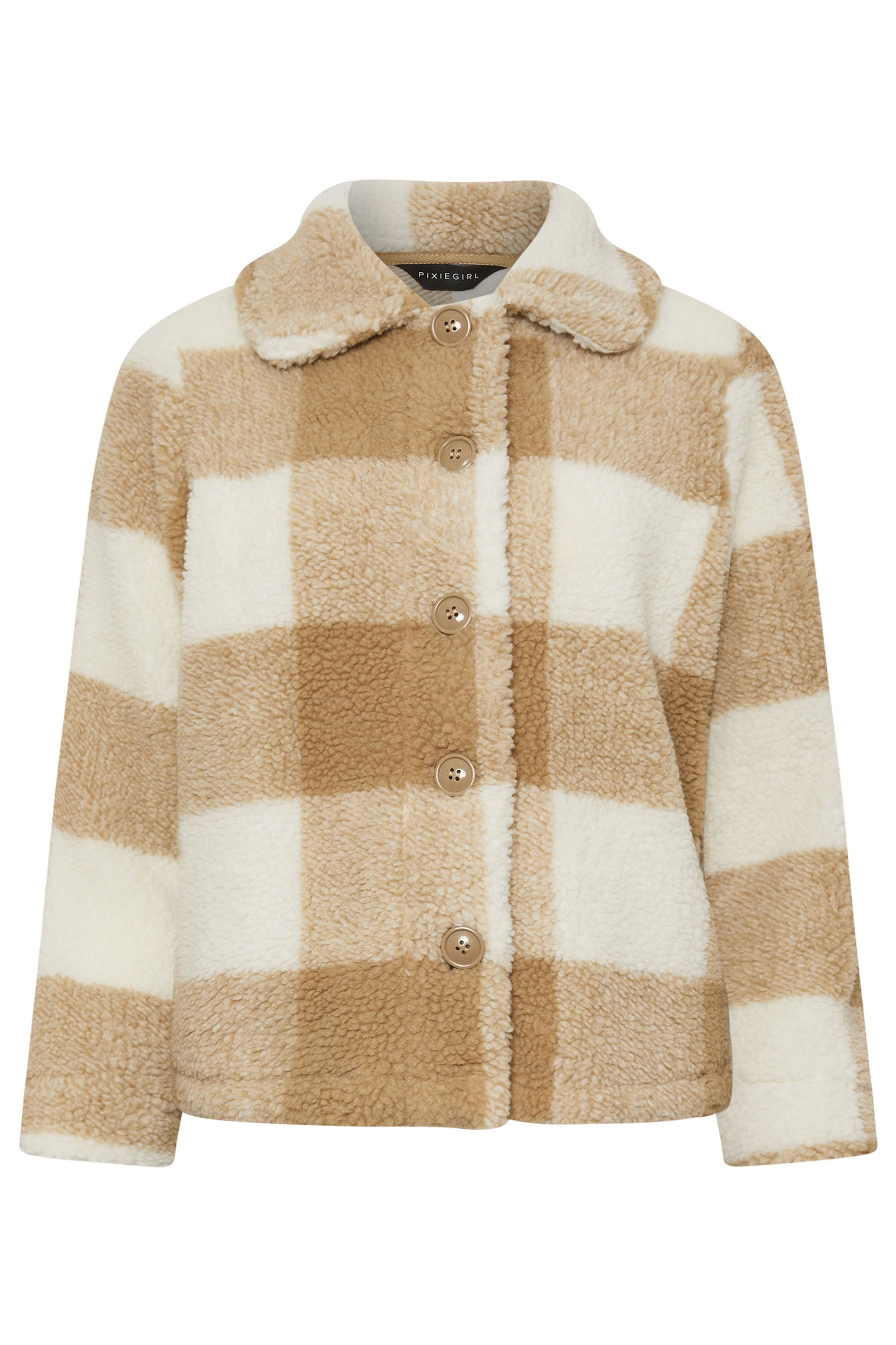 PixieGirl Petite Women's Natural Brown Check Teddy Fleece Jacket | PixieGirl 5