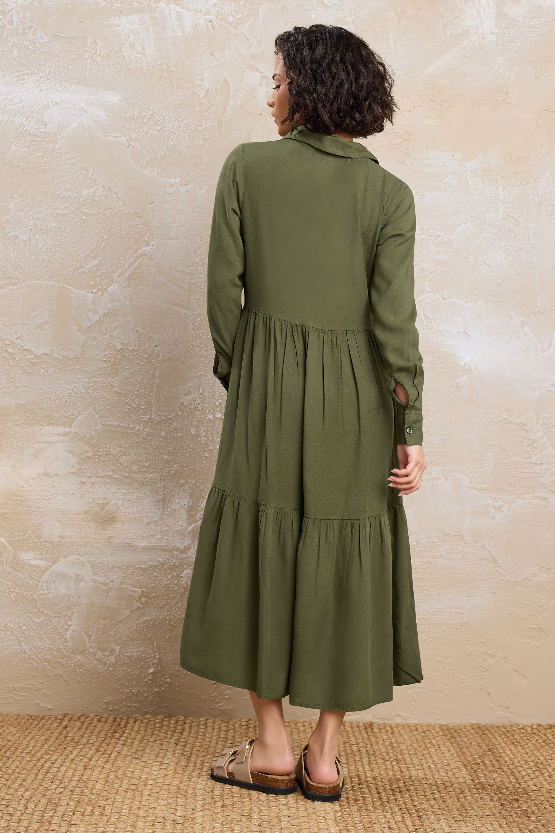 PixieGirl Petite Women's Khaki Green Sleeved Smock Dress | PixieGirl 3