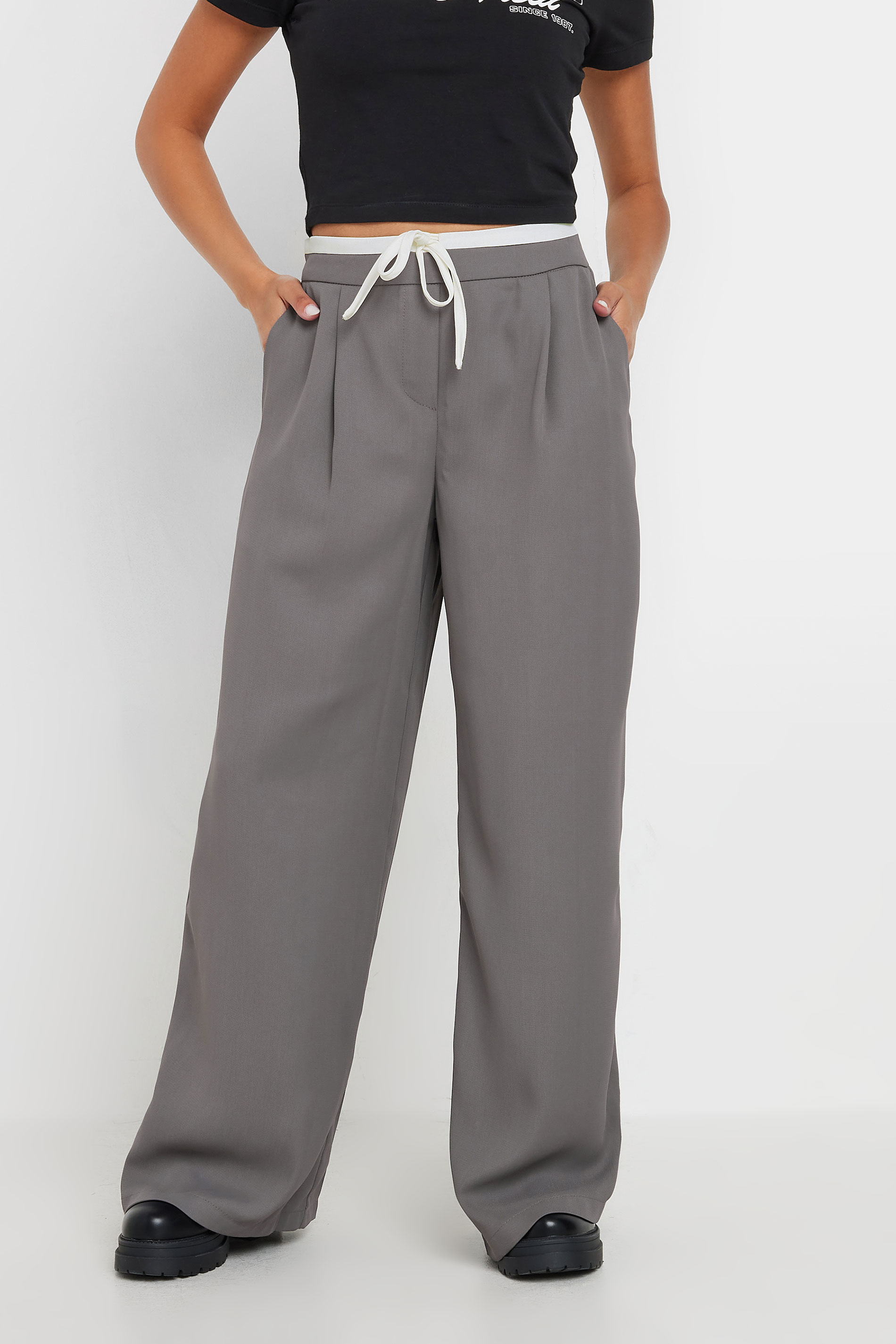 PixieGirl Petite Womens Grey Contrast Waist Wide Leg Trousers | PixieGirl 2