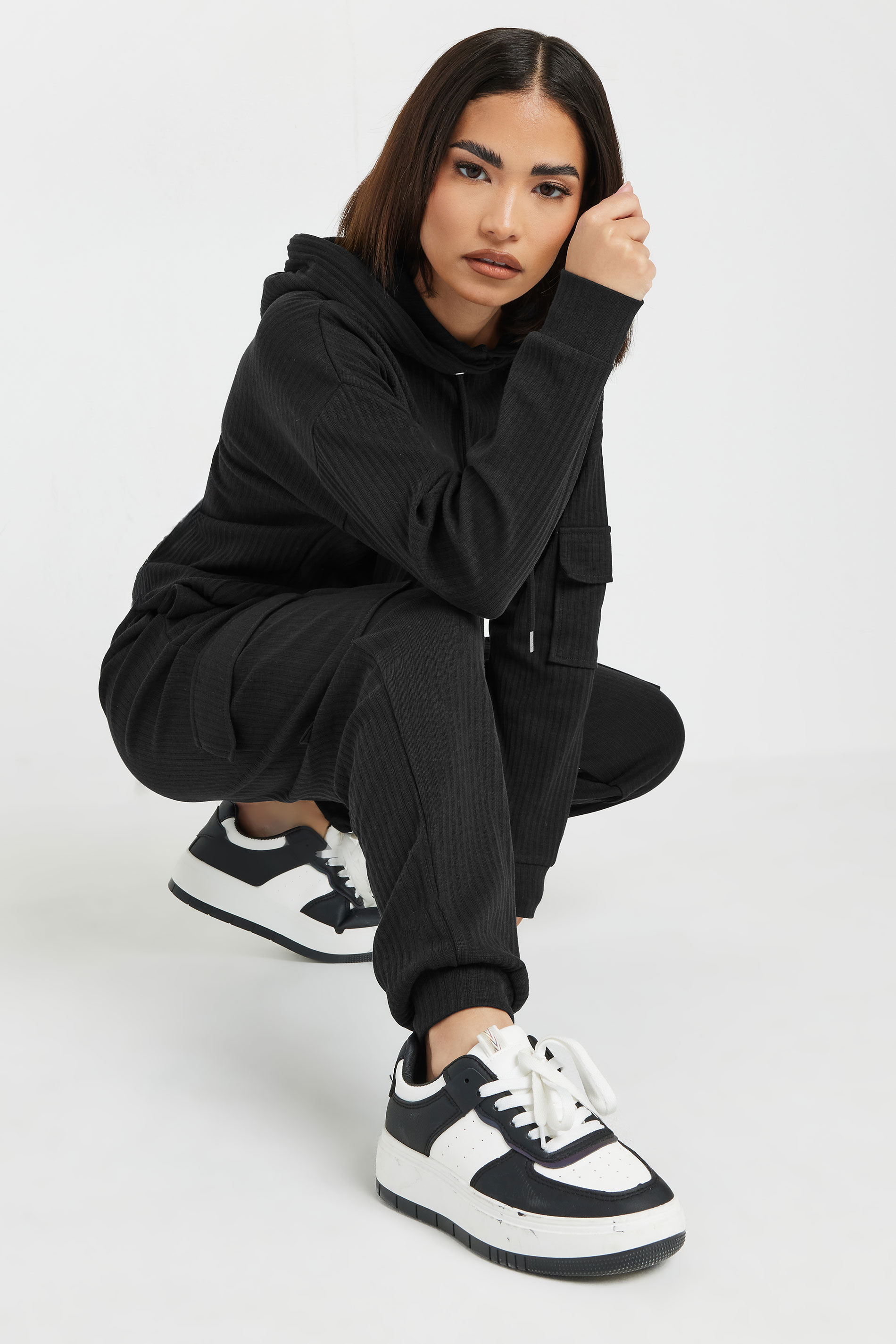 PixieGirl Petite Women's Black Ribbed Cargo Joggers | PixieGirl 4