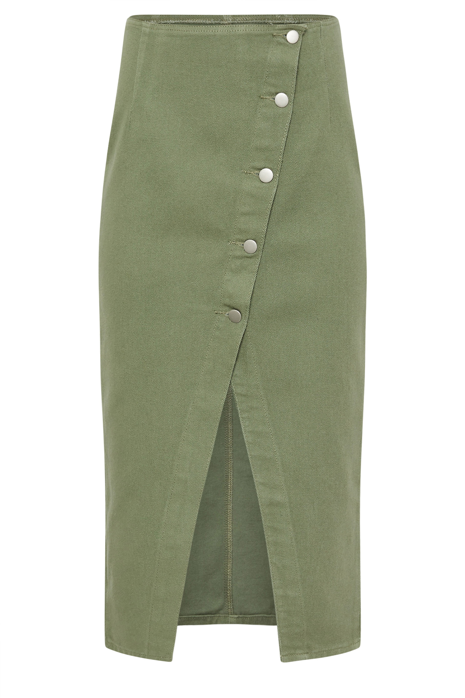 PixieGirl Petite Women's Khaki Green Denim Asymmetric Button Midi Skirt | PixieGirl 6