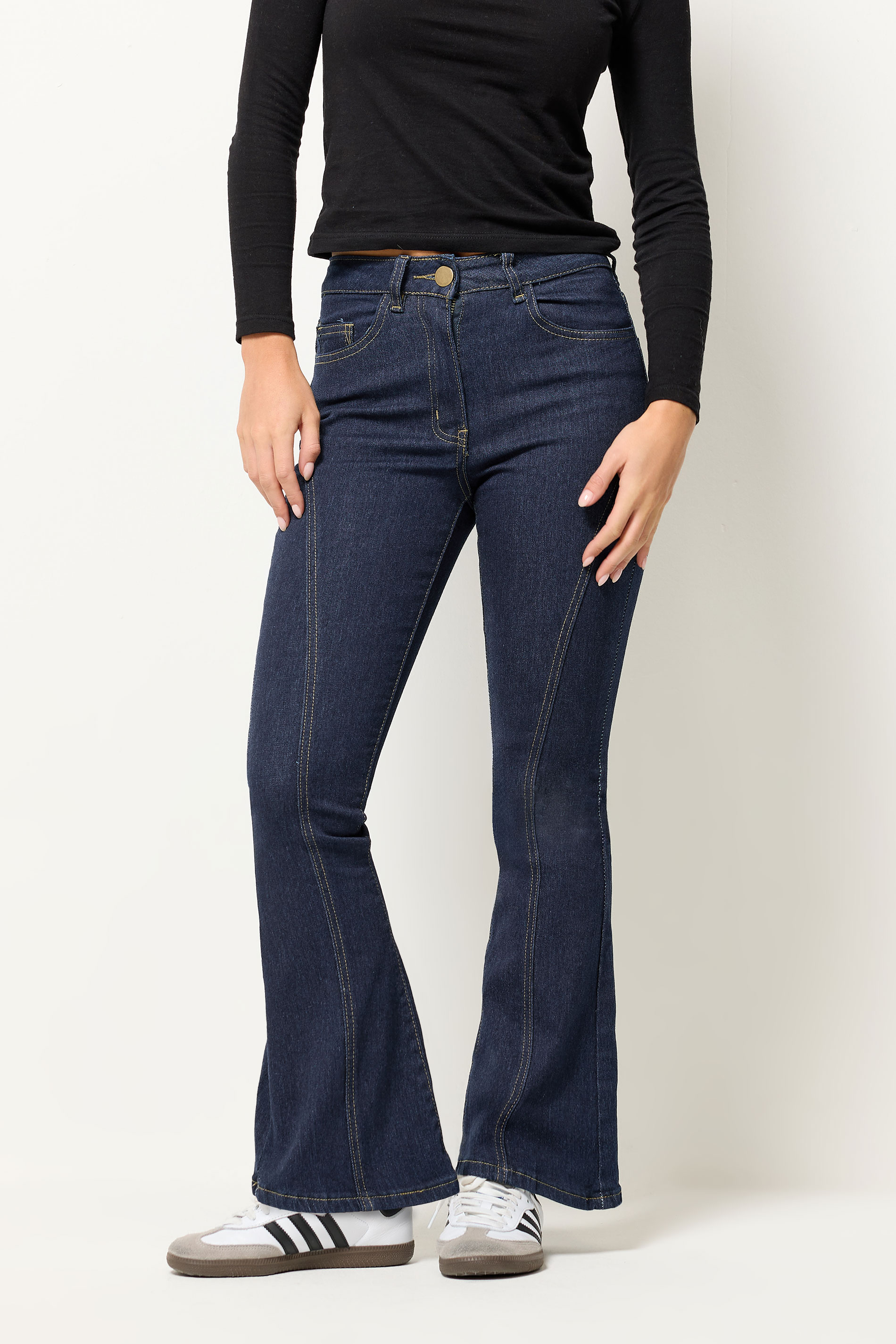 PixieGirl Petite Women's Indigo Blue Seam Front Flared Jeans | PixieGirl 2