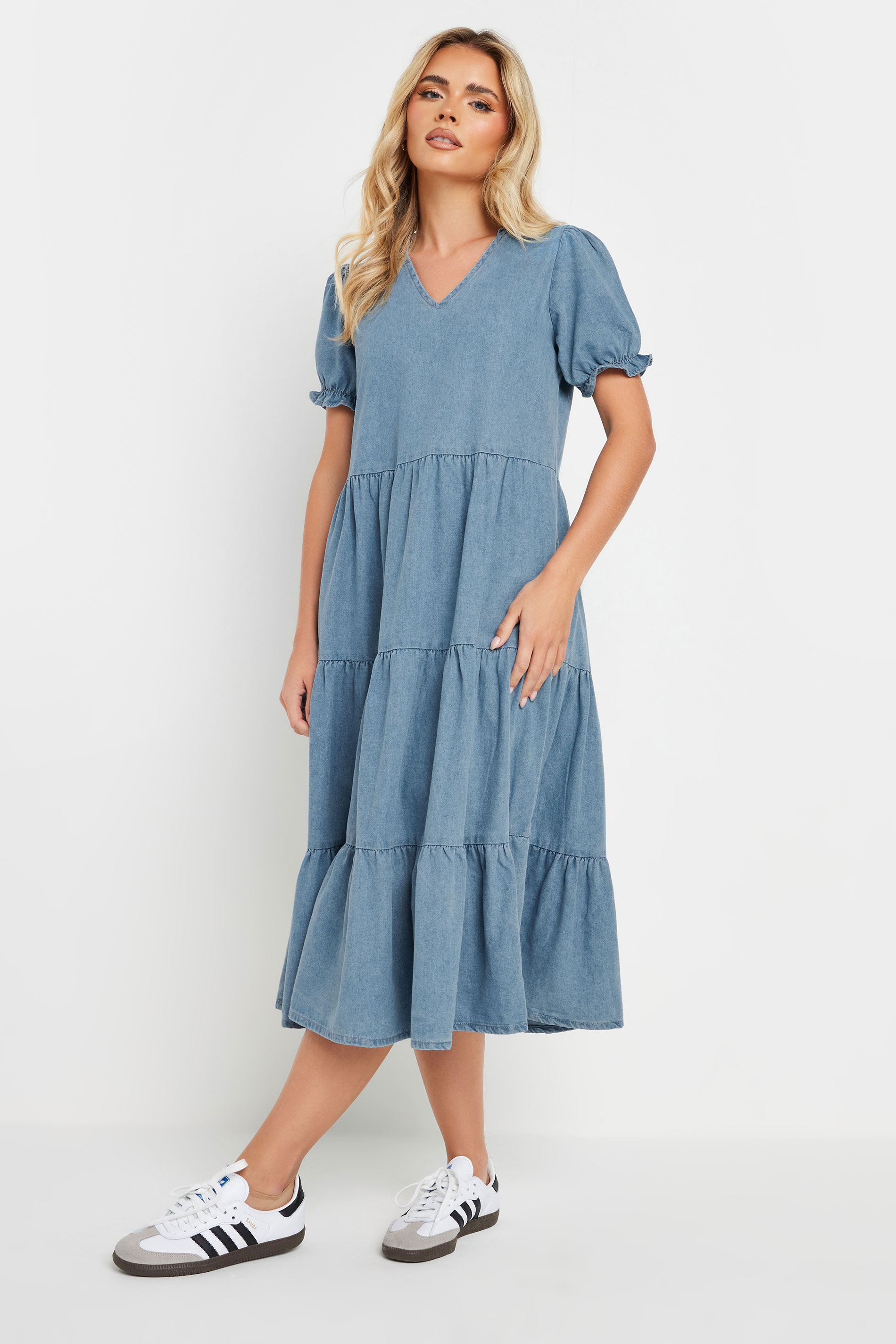 PixieGirl Petite Women's Light Blue Denim Frill Tiered Midi Dress | PixieGirl 2