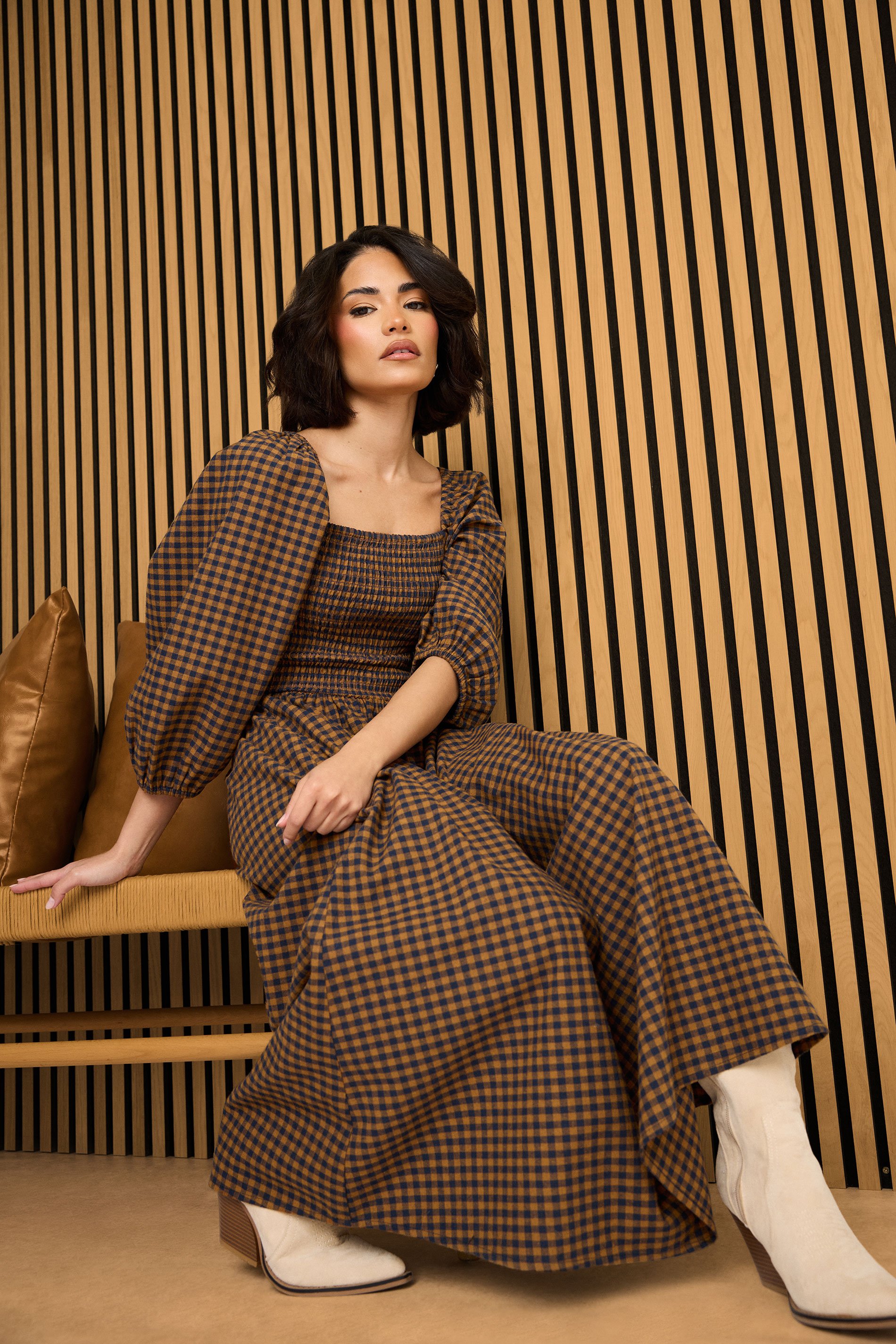 PixieGirl Petite Women's Brown Gingham Puff Sleeve Midi Dress | PixieGirl 1