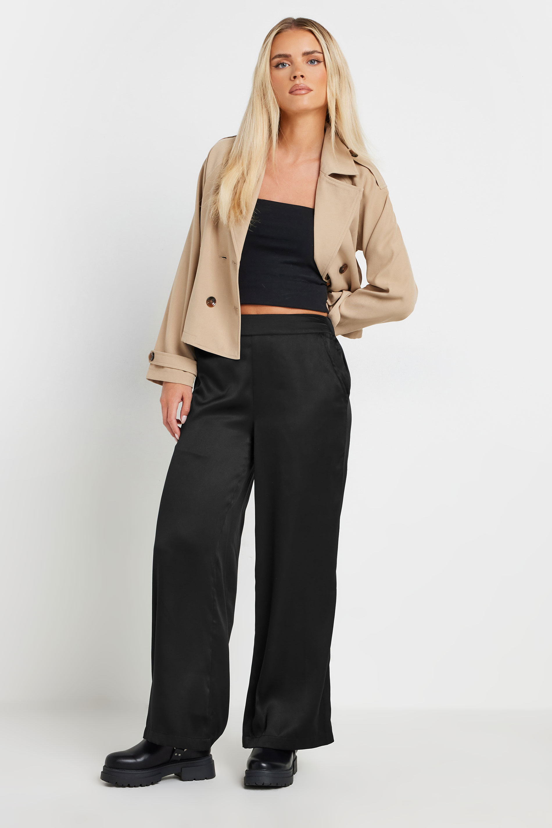 PixieGirl Petite Women's Black Satin Wide Leg Trousers | PixieGirl 1