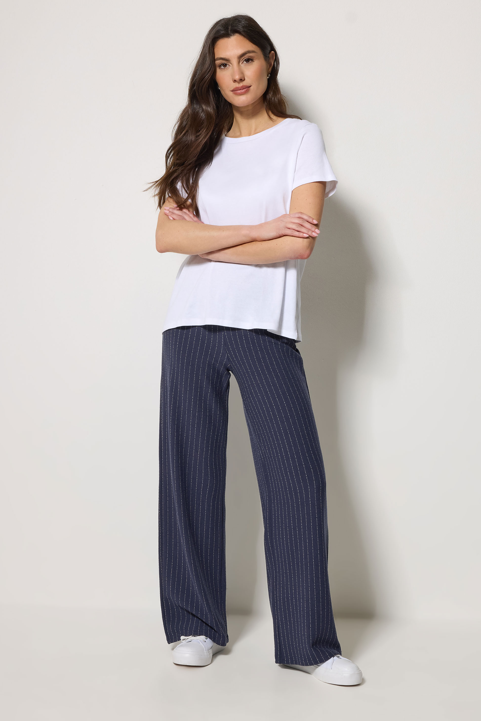 M&Co Navy Blue Pinstripe Wide Leg Trousers | M&Co 1