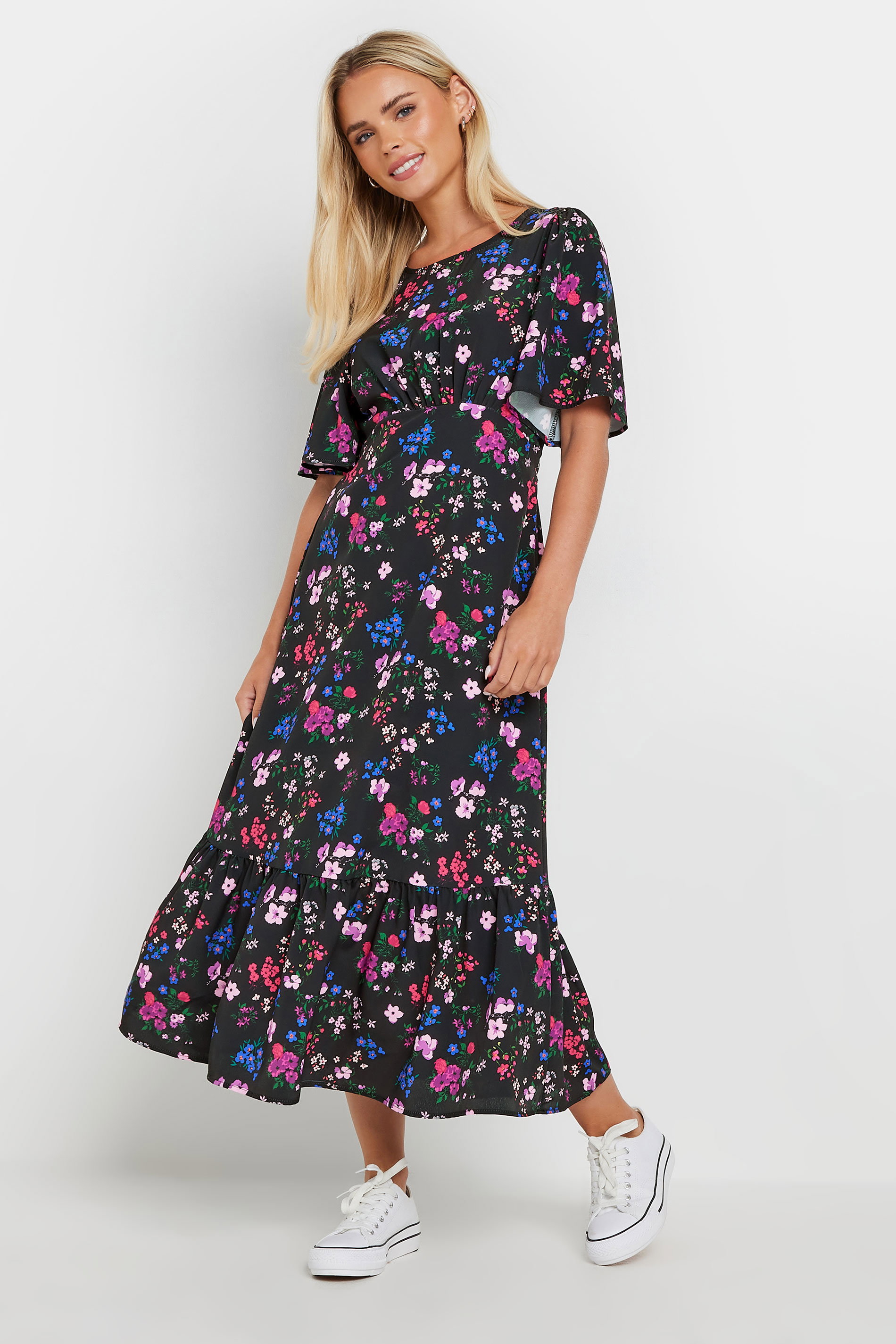 M&Co Petite Black Floral Print Flutter Sleeve Dress | M&Co 3