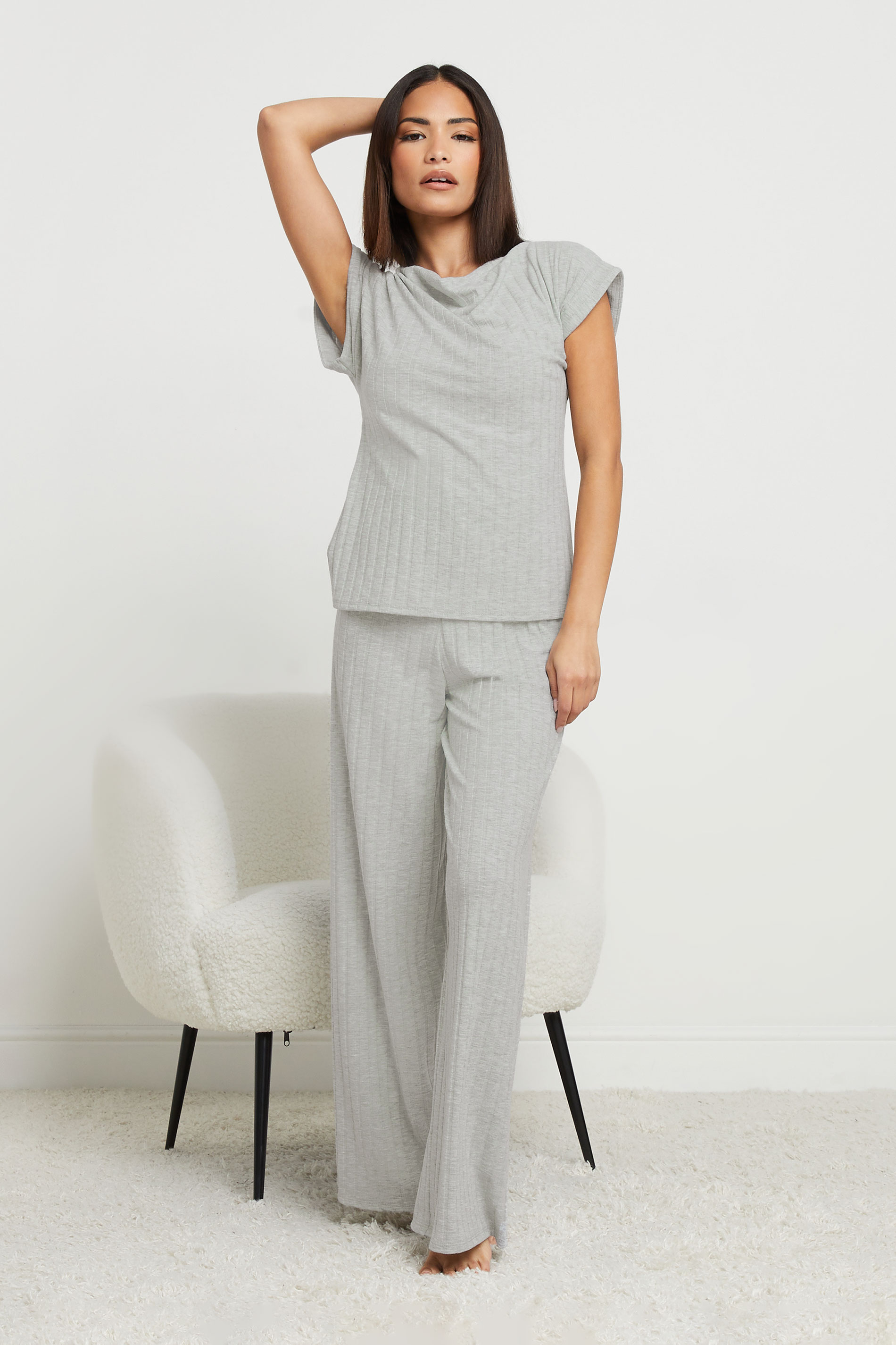 PixieGirl Petite Women's Grey Ribbed Wide Leg Trousers | PixieGirl 2