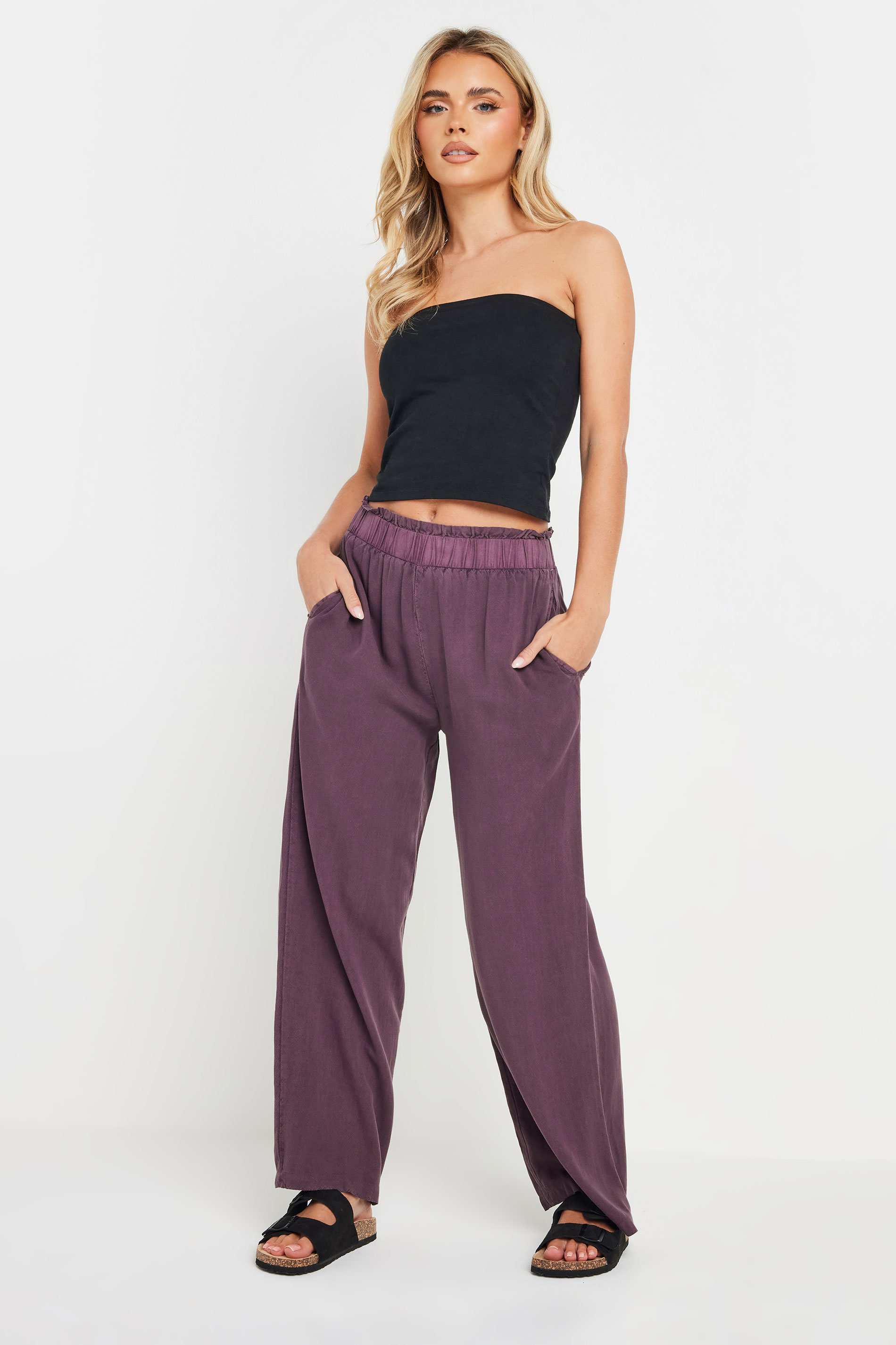PixieGirl Petite Women's Purple Acid Wash Wide Leg Trousers | PixieGirl 1