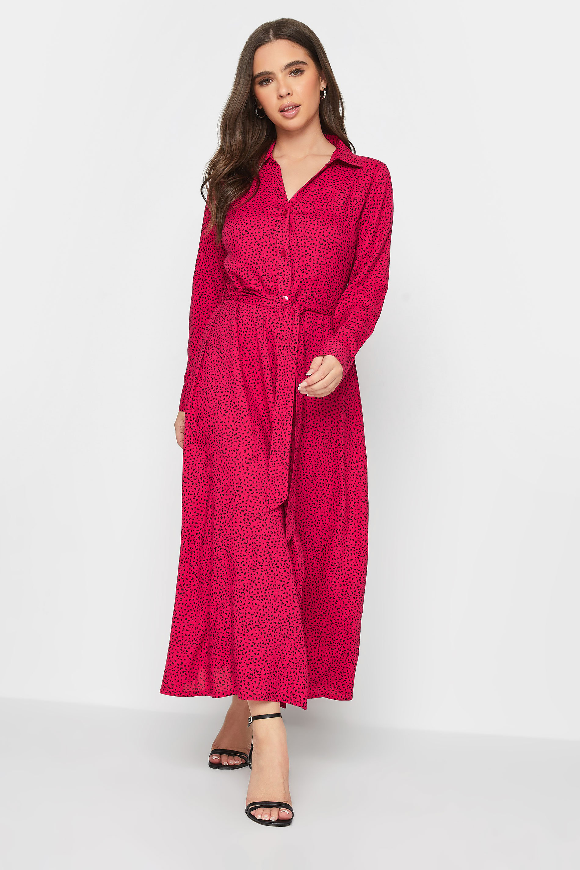 Petite Red Dalmatian Print Long Sleeve Maxi Shirt Dress | PixieGirl 2
