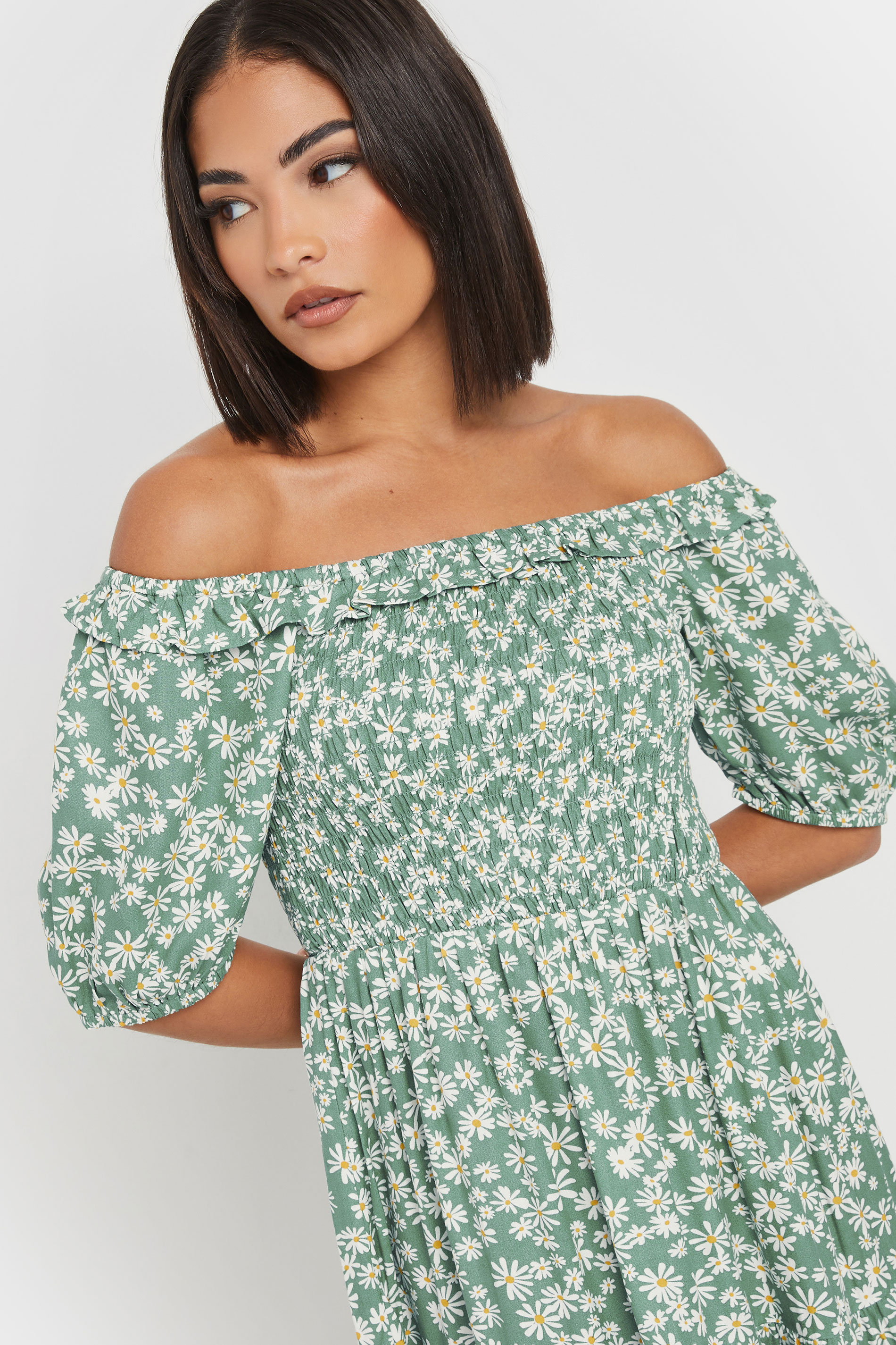 PixieGirl Petite Women's Green Daisy Tiered Bardot Dress | PixieGirl 4
