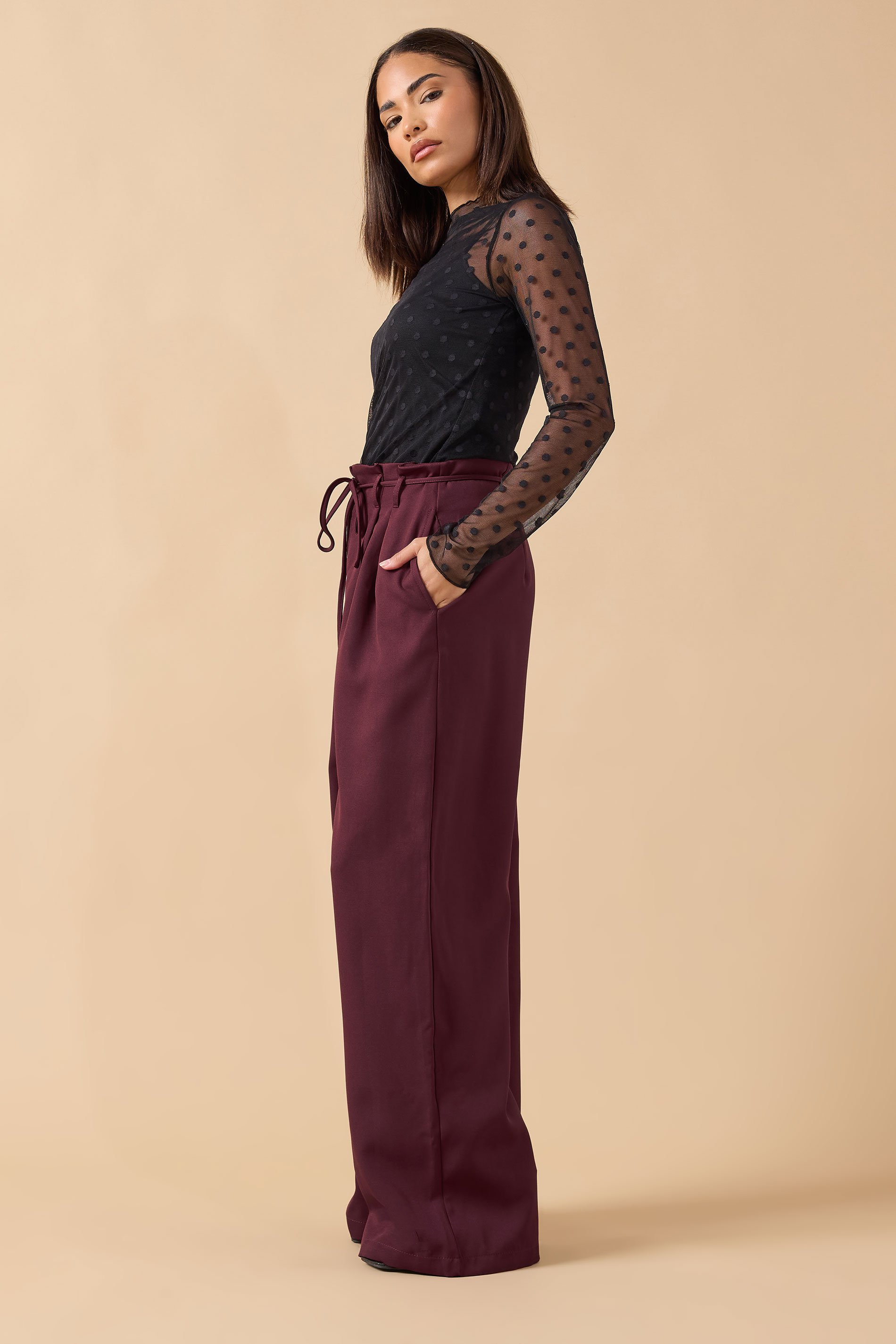 PixieGirl Petite Womens Burgundy Red Tie Wide Leg Trousers | PixieGirl 2