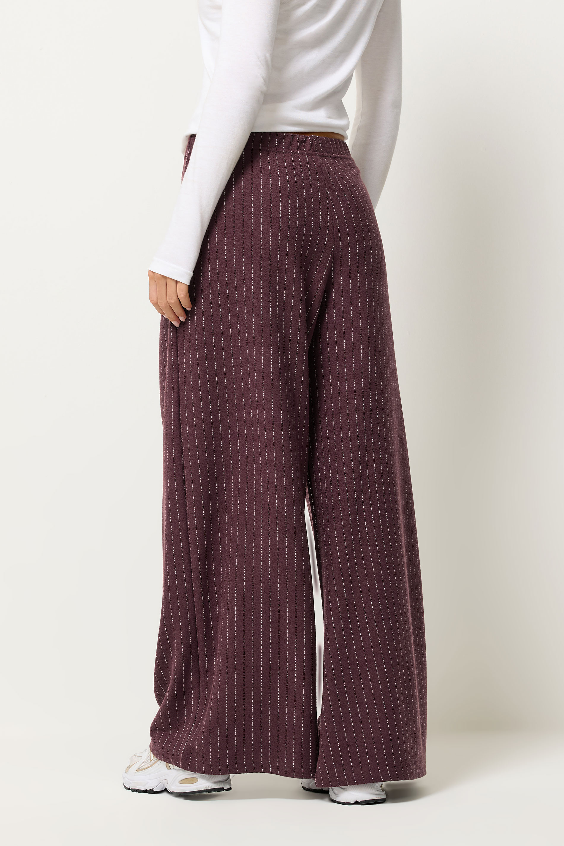 PixieGirl Petite Women's Burgundy Red Pinstripe Palazzo Wide Leg Trousers | PixieGirl 3