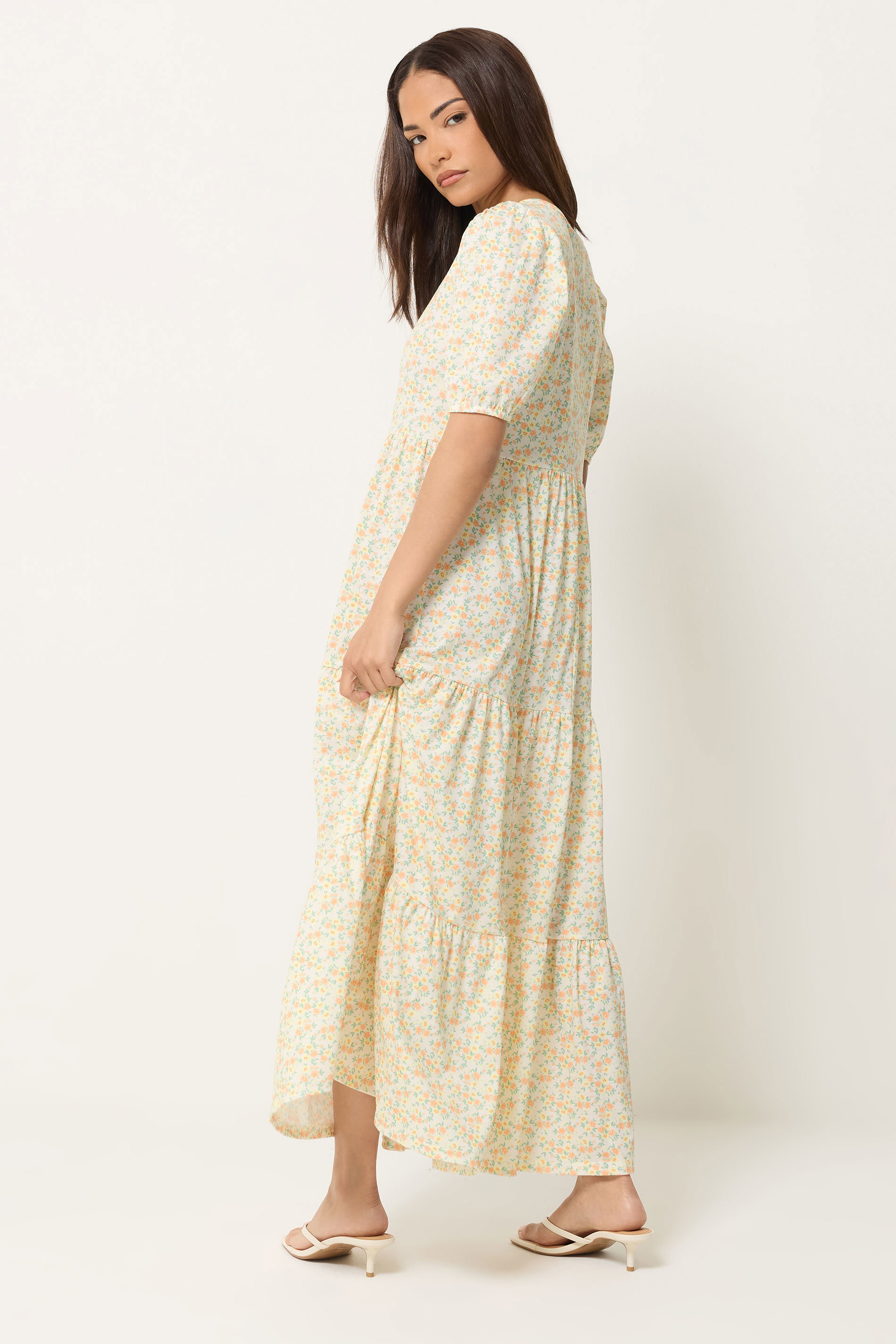PixieGirl Petite Women's Orange Ditsy Floral Tiered Maxi Dress | PixieGirl 2