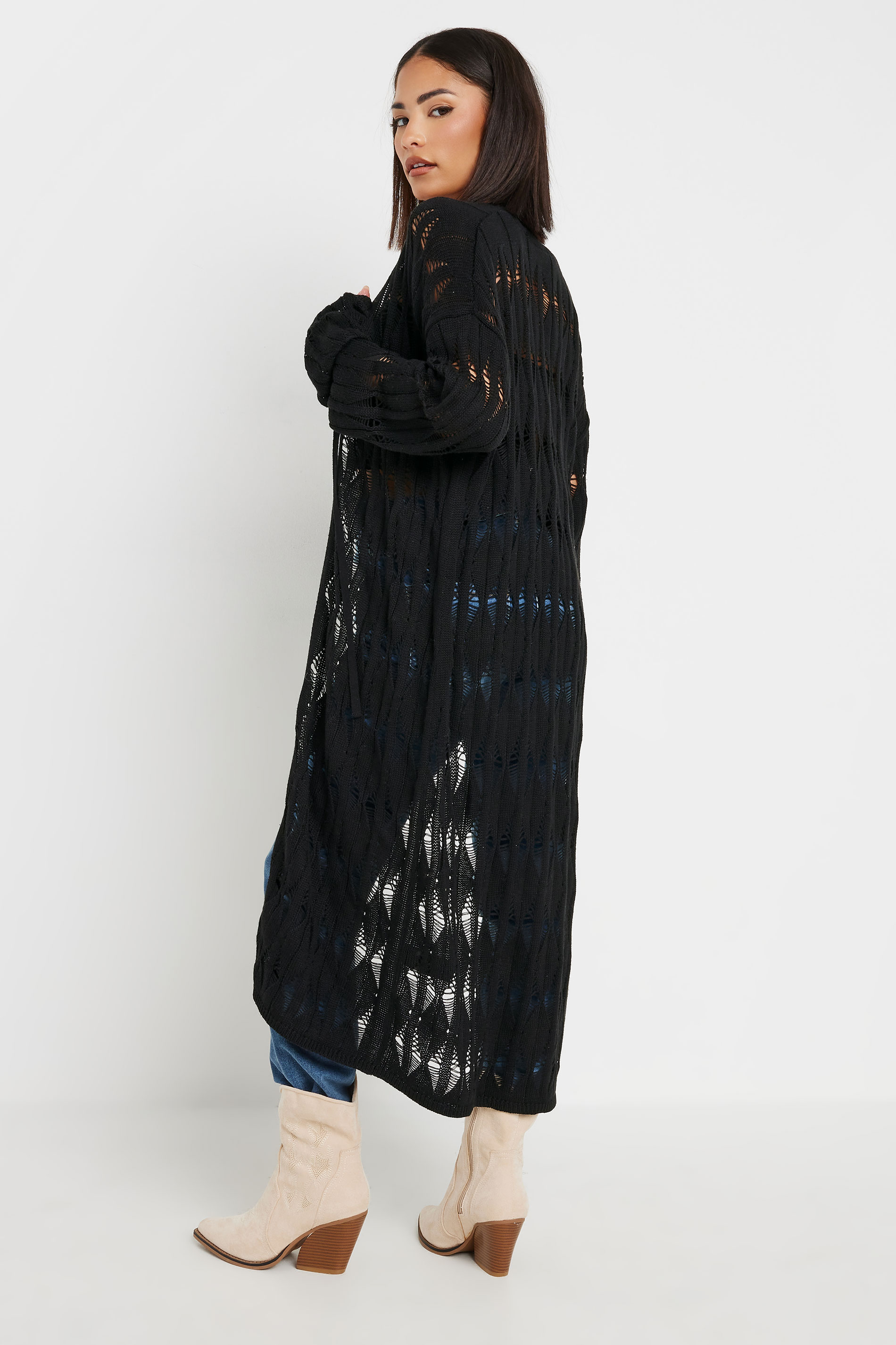 PixieGirl Petite Women's Black Crochet Maxi Tie Cardigan | PixieGirl 3