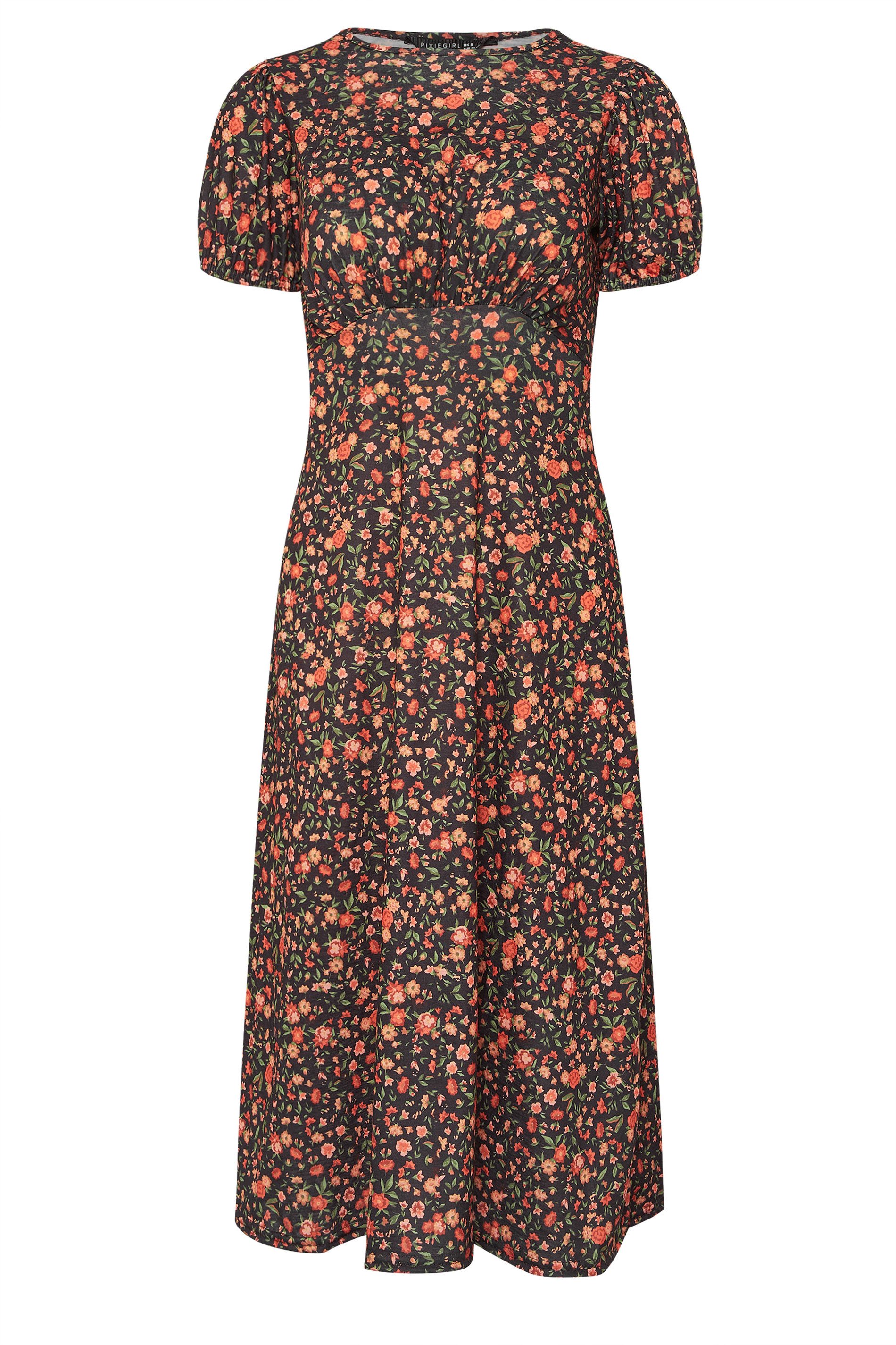 PixieGirl Petite Women's Orange Ditsy Floral Tea Dress | PixieGirl 5