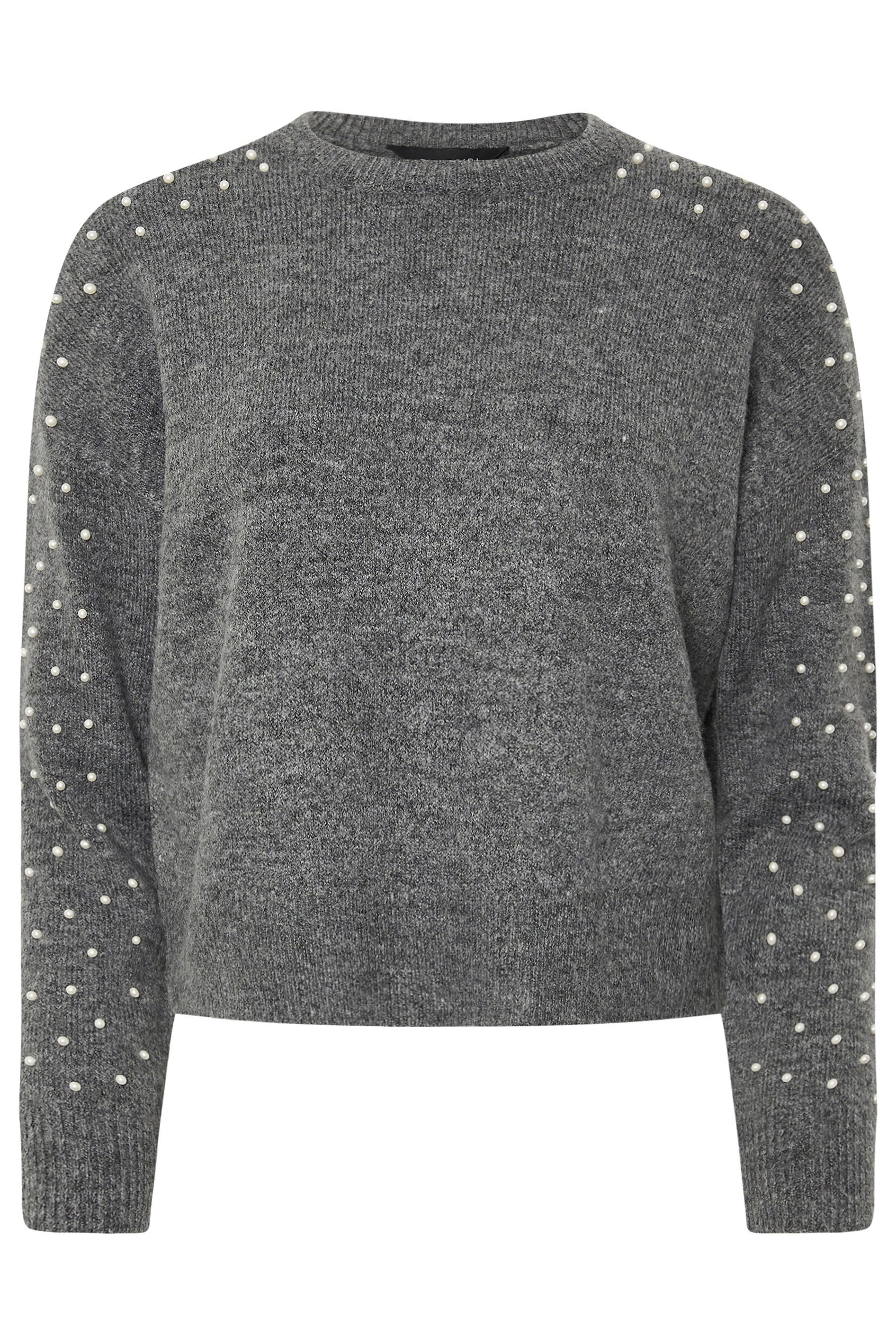 PixieGirl Petite Women's Grey Knitted Pearl Embellished Jumper | PixieGirl 5
