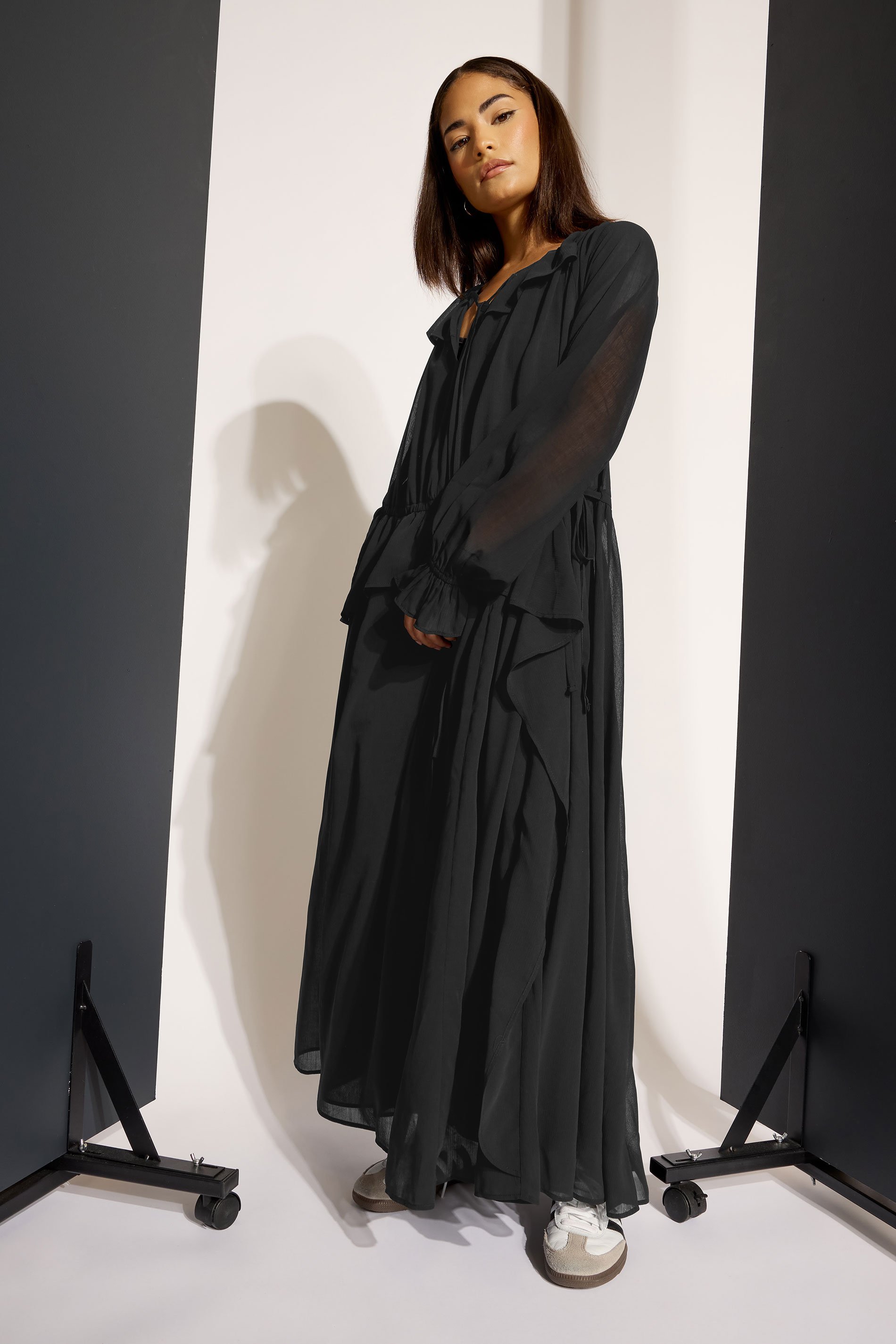 PixieGirl Petite Women's Black Chiffon Frill Tie Waist Maxi Dress | PixieGirl 6