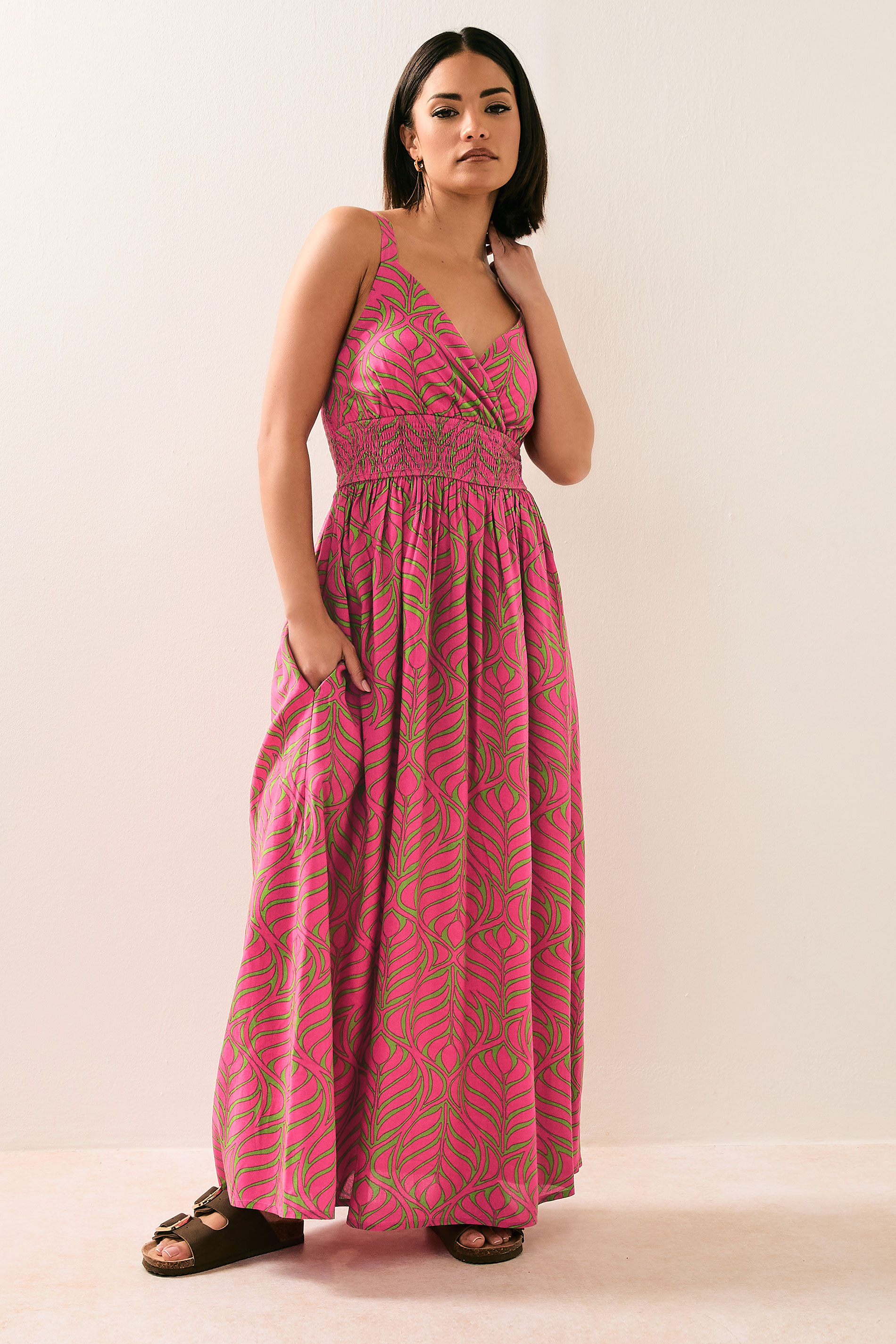 PixieGirl Petite Women's Pink Tropical Palm Wrap Maxi Dress | PixieGirl 2