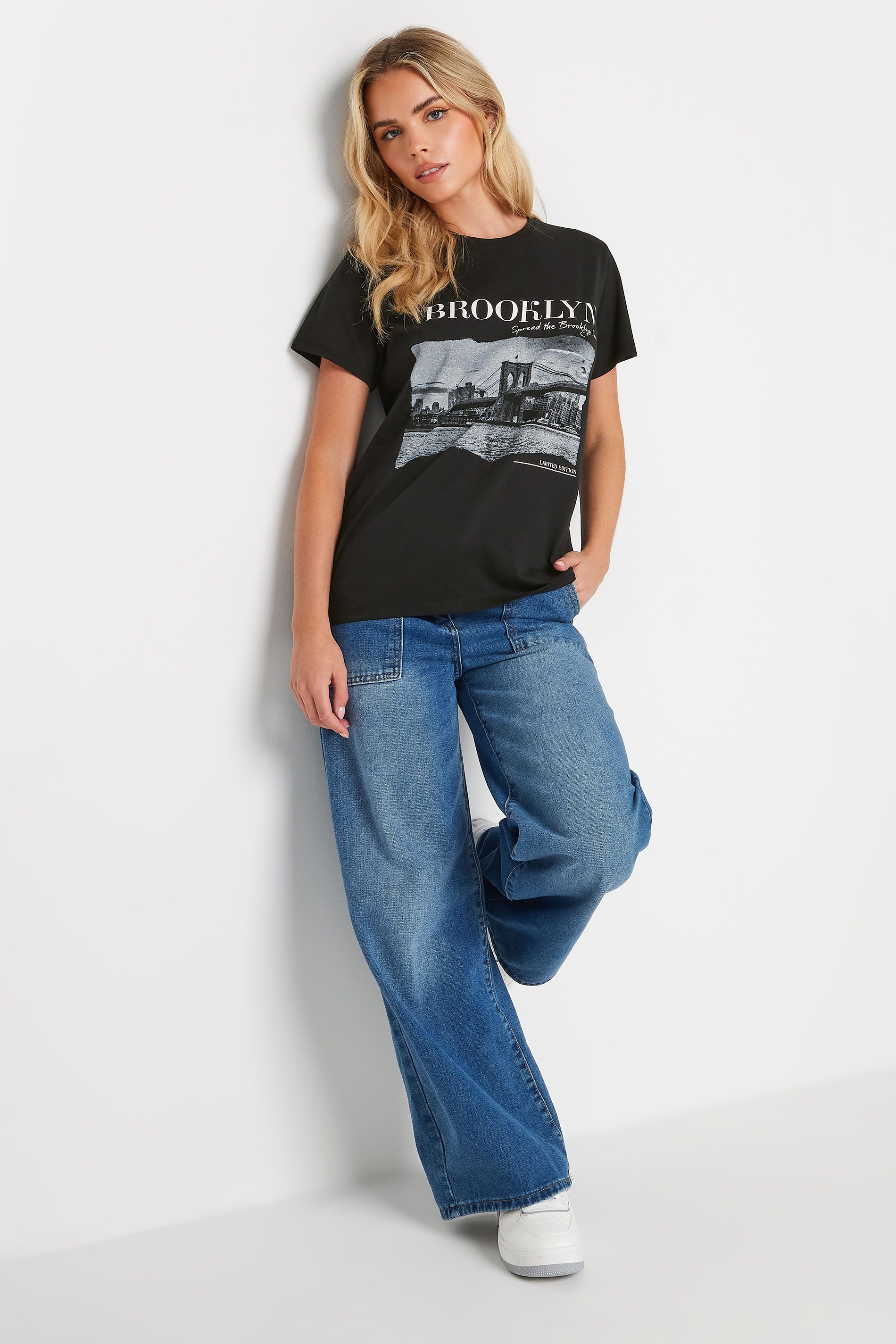 PixieGirl Petite Women's Black 'Brooklyn' Slogan Printed T-Shirt | PixieGirl 2