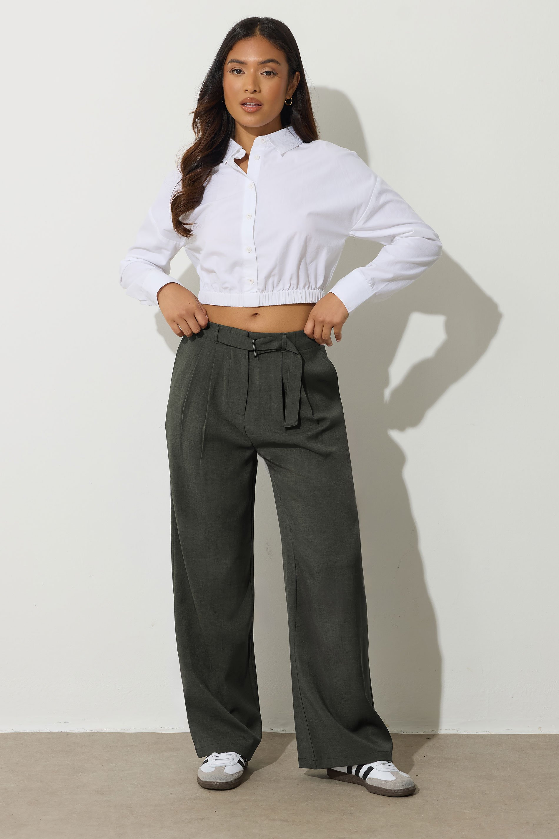 PixieGirl Petite Womens Olive Green Buckle Wide Leg Trousers | PixieGirl 1