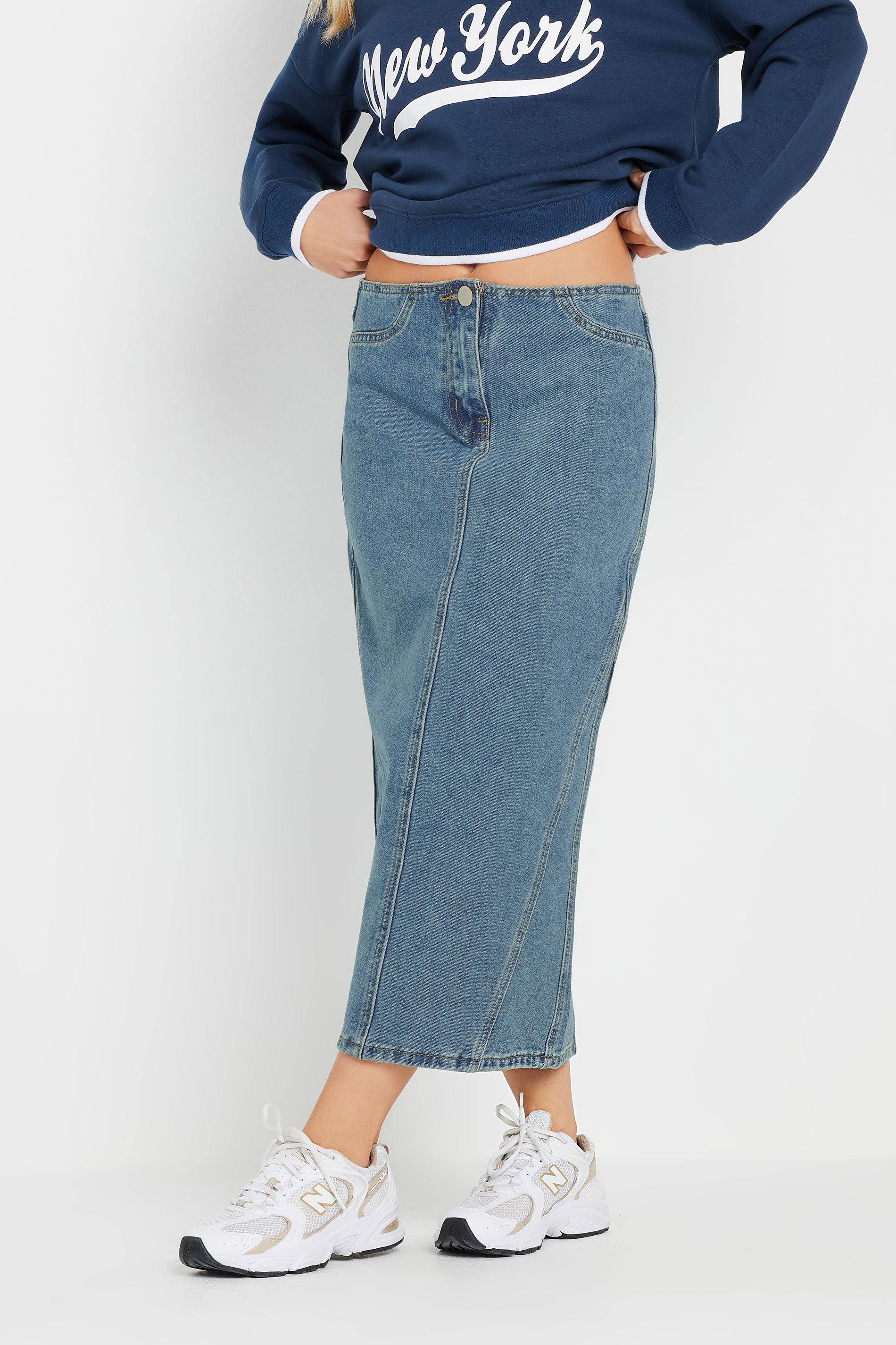 PixieGirl Petite Women's Light Blue Denim Seam Midi Skirt | PixieGirl 3