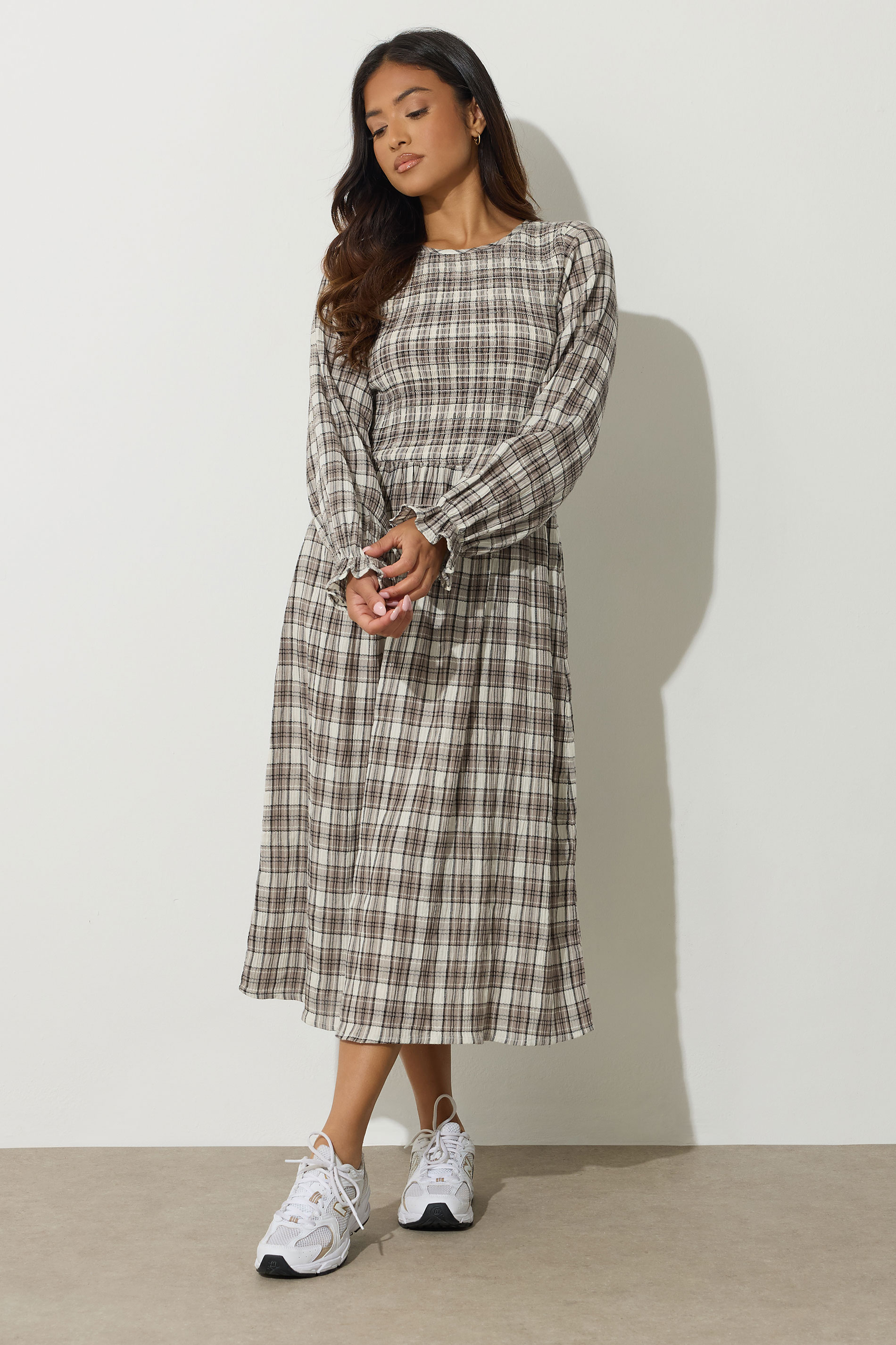 PixieGirl Petite Women's Brown Check Shirred Long Sleeve Midi Dress | PixieGirl 2