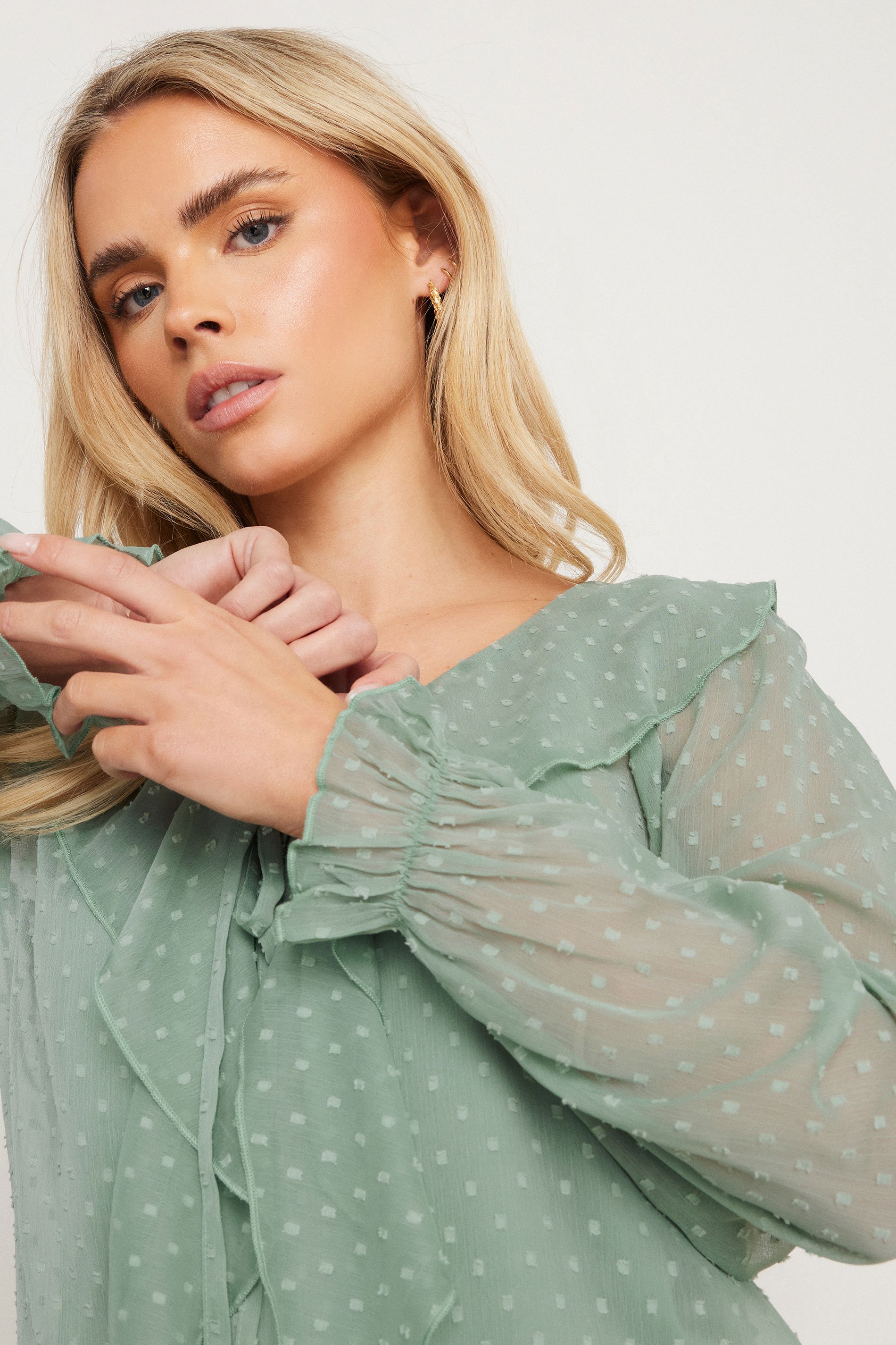PixieGirl Petite Women's Sage Green Dobby Frill Blouse | PixieGirl 4