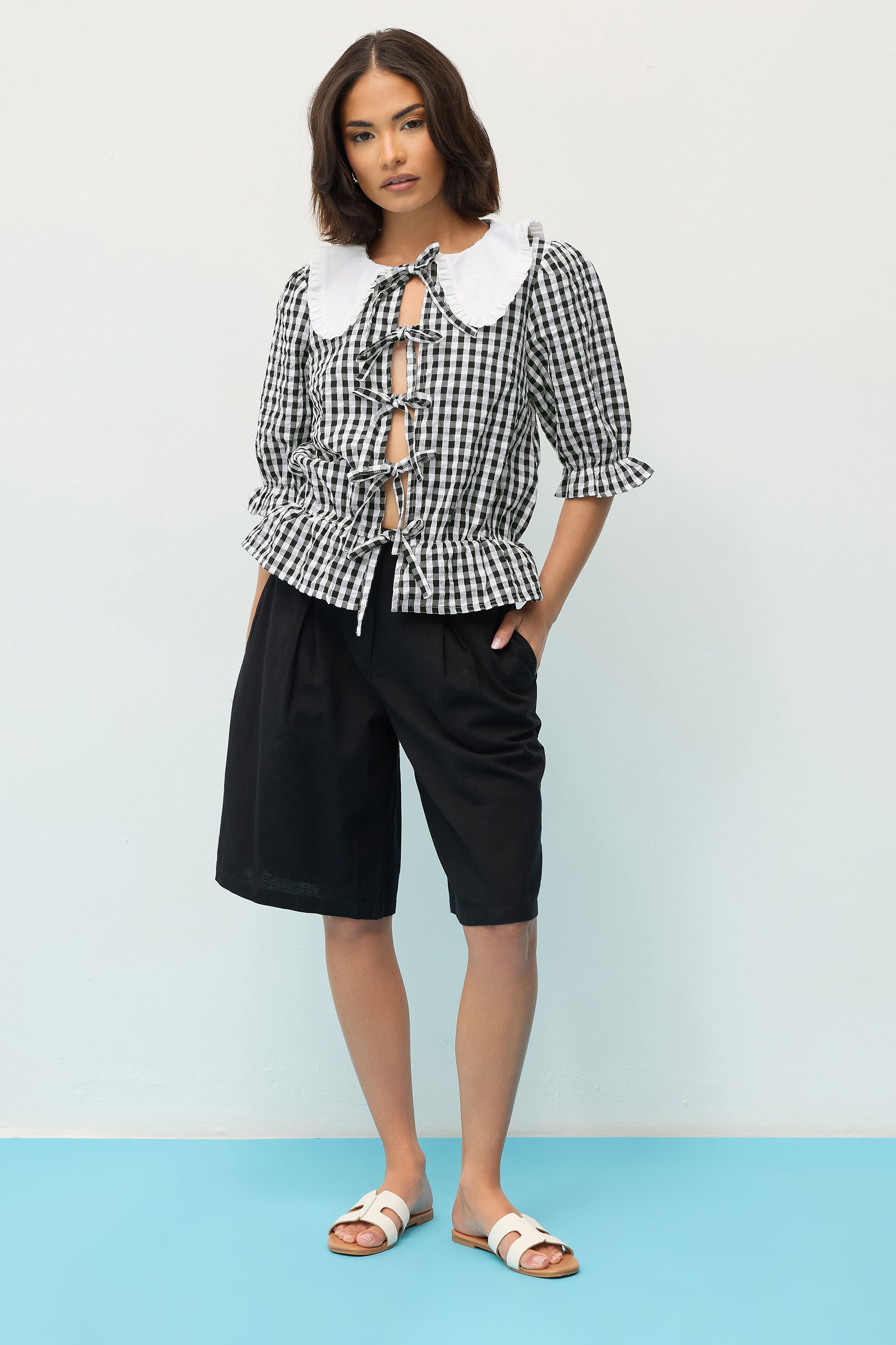 PixieGirl Petite Women's Black Gingham Tie Front Collar Peplum Top | PixieGirl 2