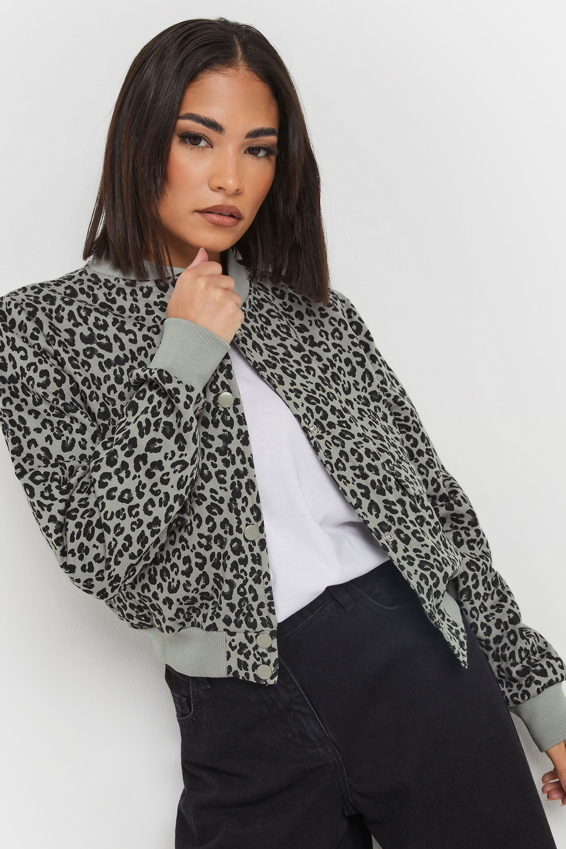 PixieGirl Grey Leopard Print Cropped Bomber Jacket | PixieGirl 2