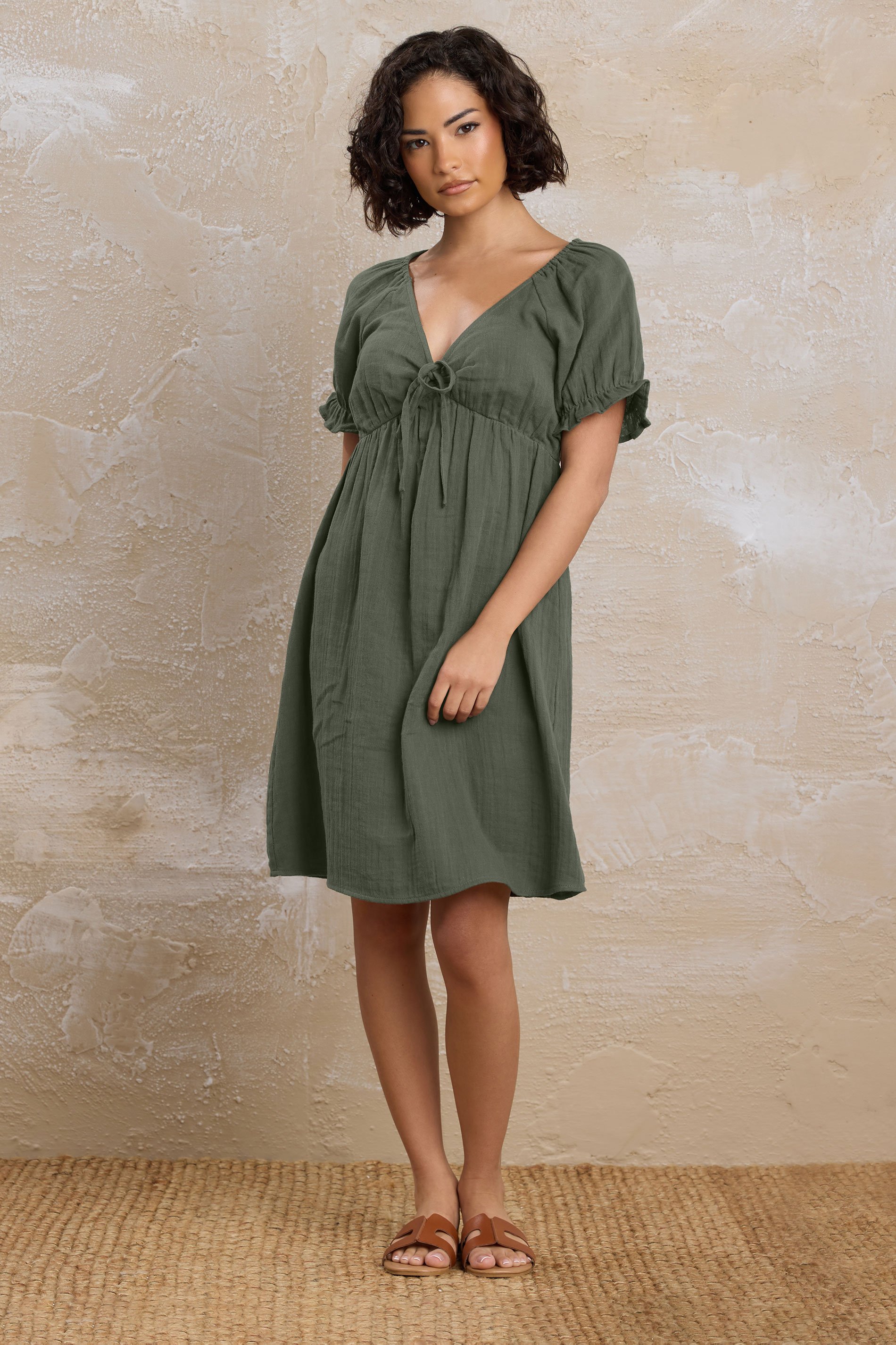 PixieGirl Petite Women's Khaki Green Tie Front Mini Dress | PixieGirl 2