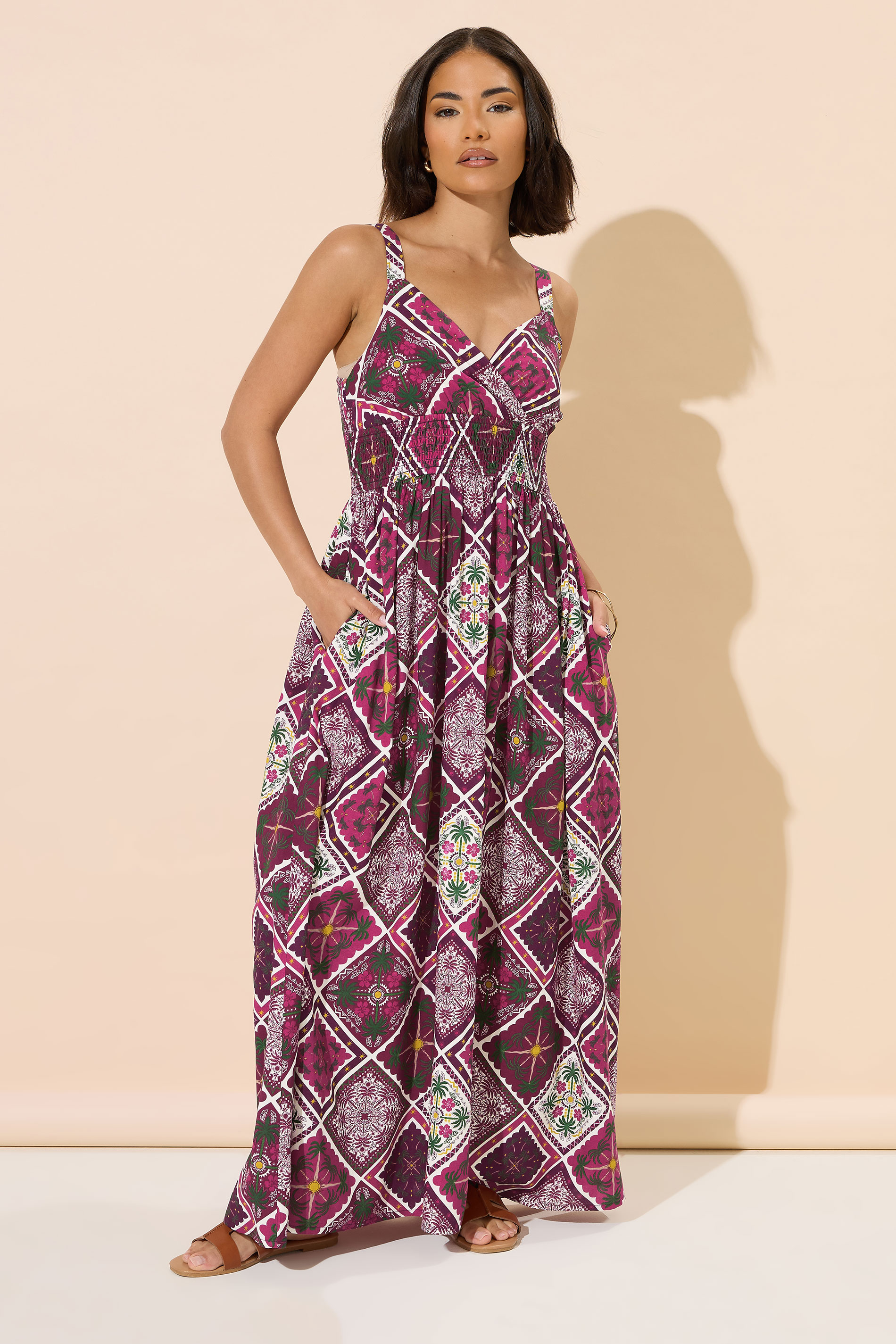 PixieGirl Petite Women's Purple Tile Print Wrap Maxi Dress | PixieGirl 1