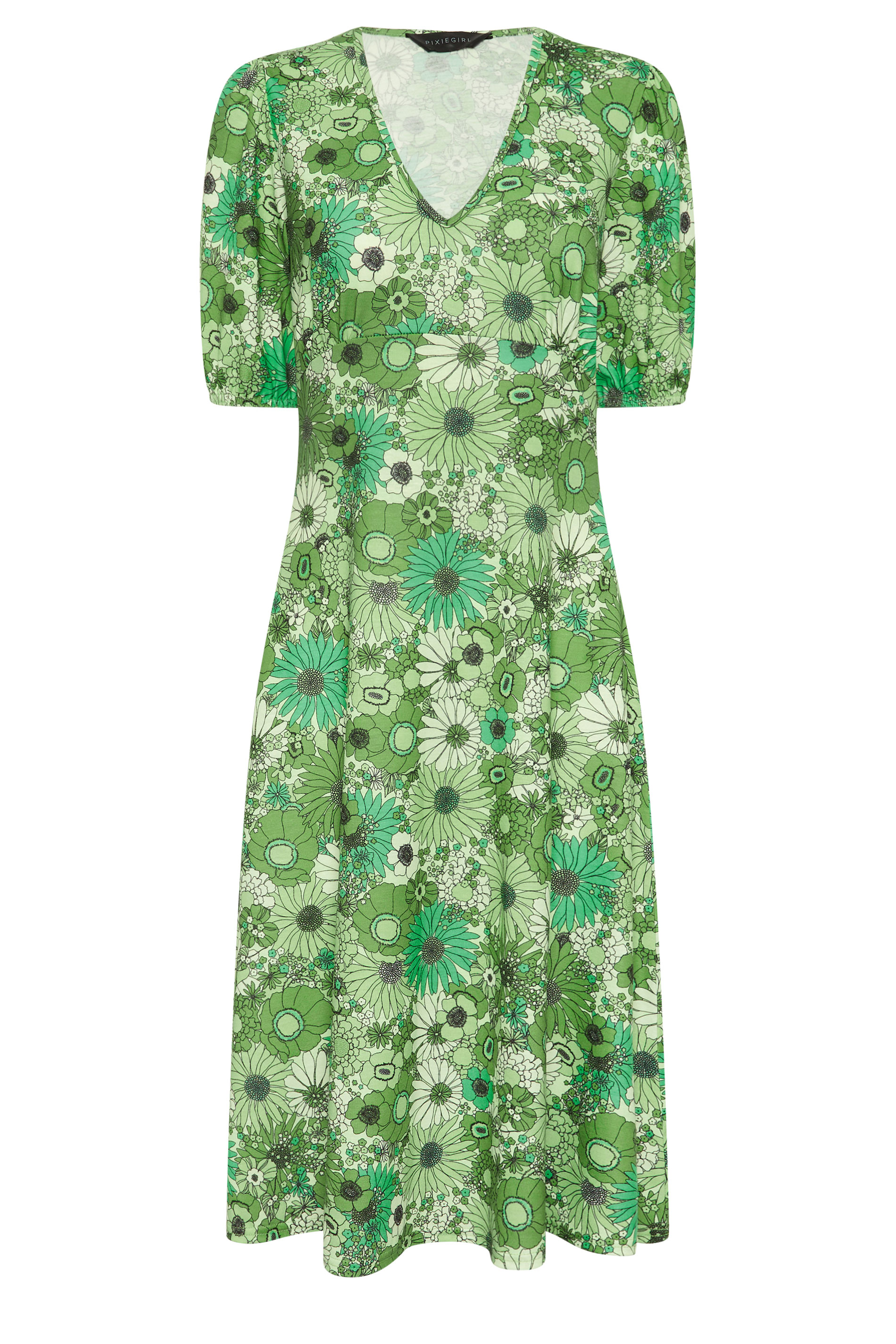 PixieGirl Petite Women's Green Floral Print Midi Tea Dress | PixieGirl 5