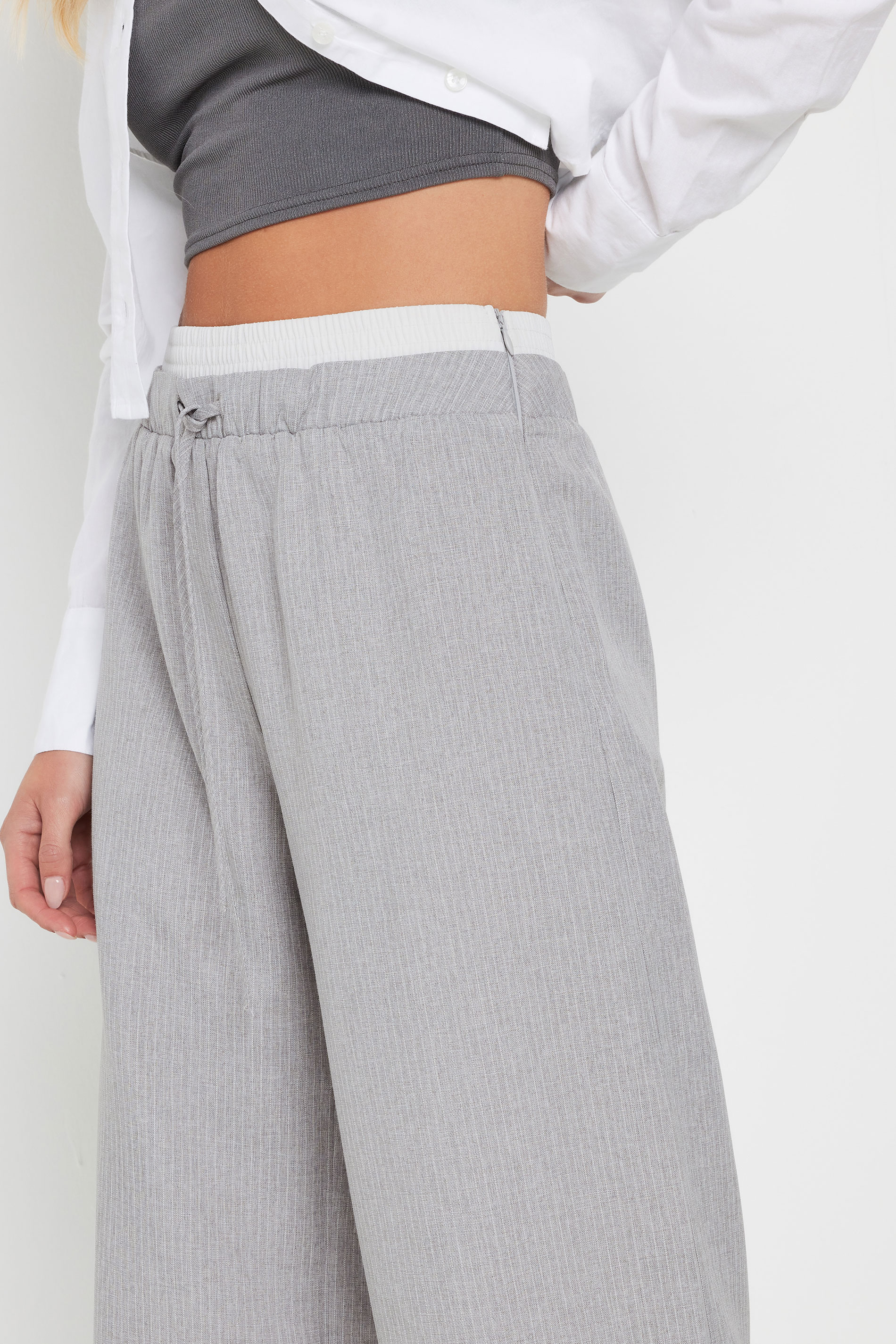 PixieGirl Petite Women's Light Grey Pinstripe Contrast Waist Trousers | PixieGirl 4
