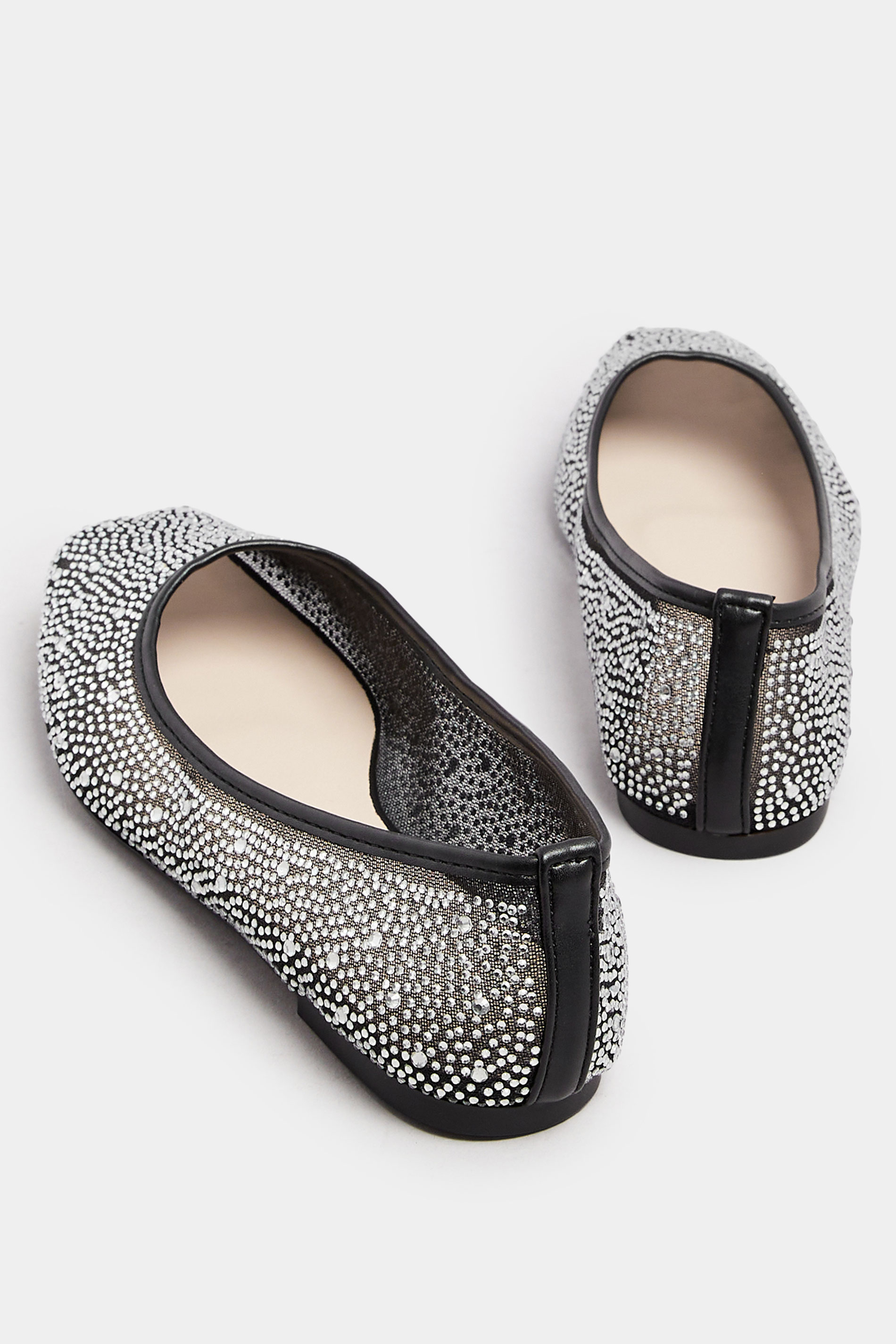 Black Mesh Diamante Embellished Ballerina Pumps In Wide E Fit | Yours Clothing 4