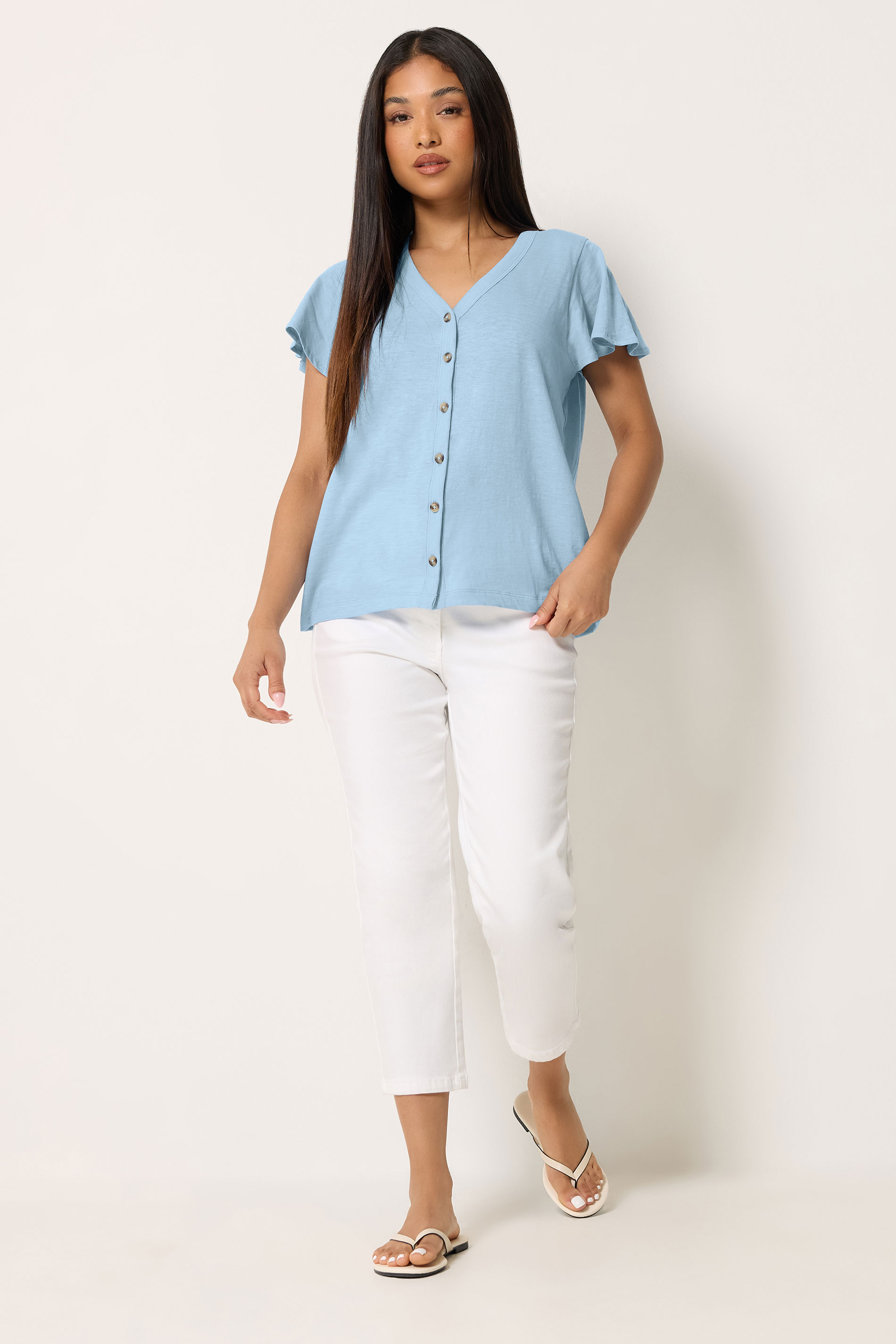 M&Co Petite Blue Cotton Frill Sleeve Blouse| M&Co 1