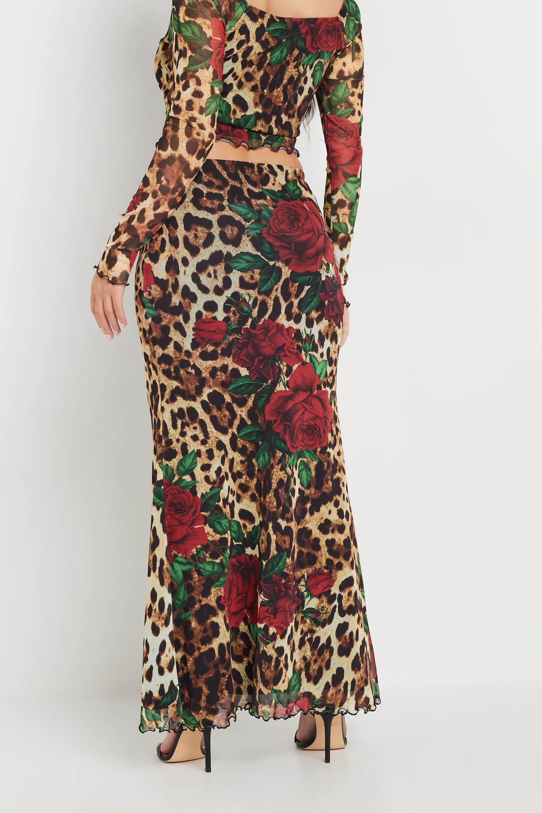 PixieGirl Petite Women's Beige Brown Leopard Print Rose Mesh Skirt | PixieGirl 3