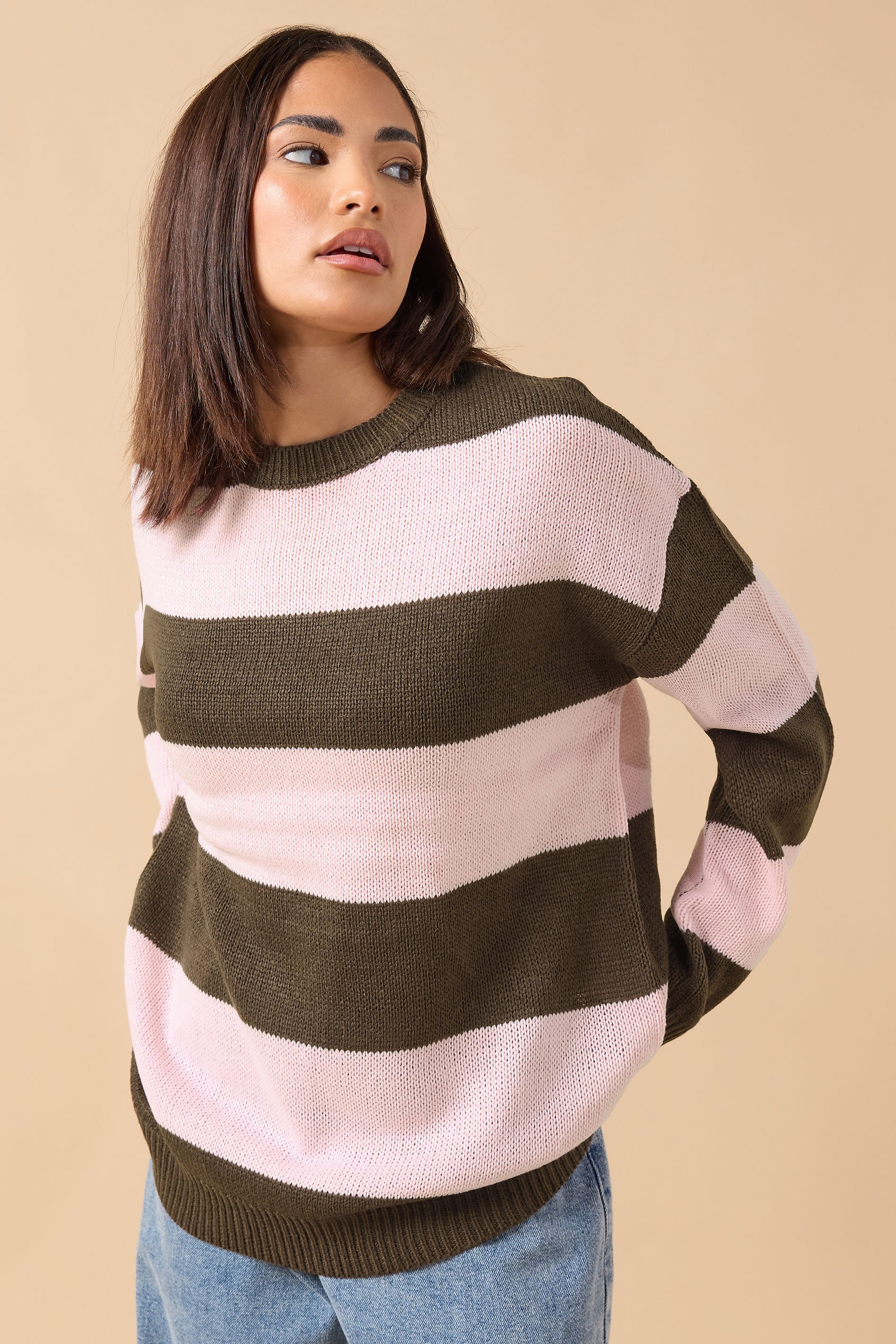 PixieGirl Petite Women's Pink & Brown Stripe Knit Jumper | PixieGirl 1