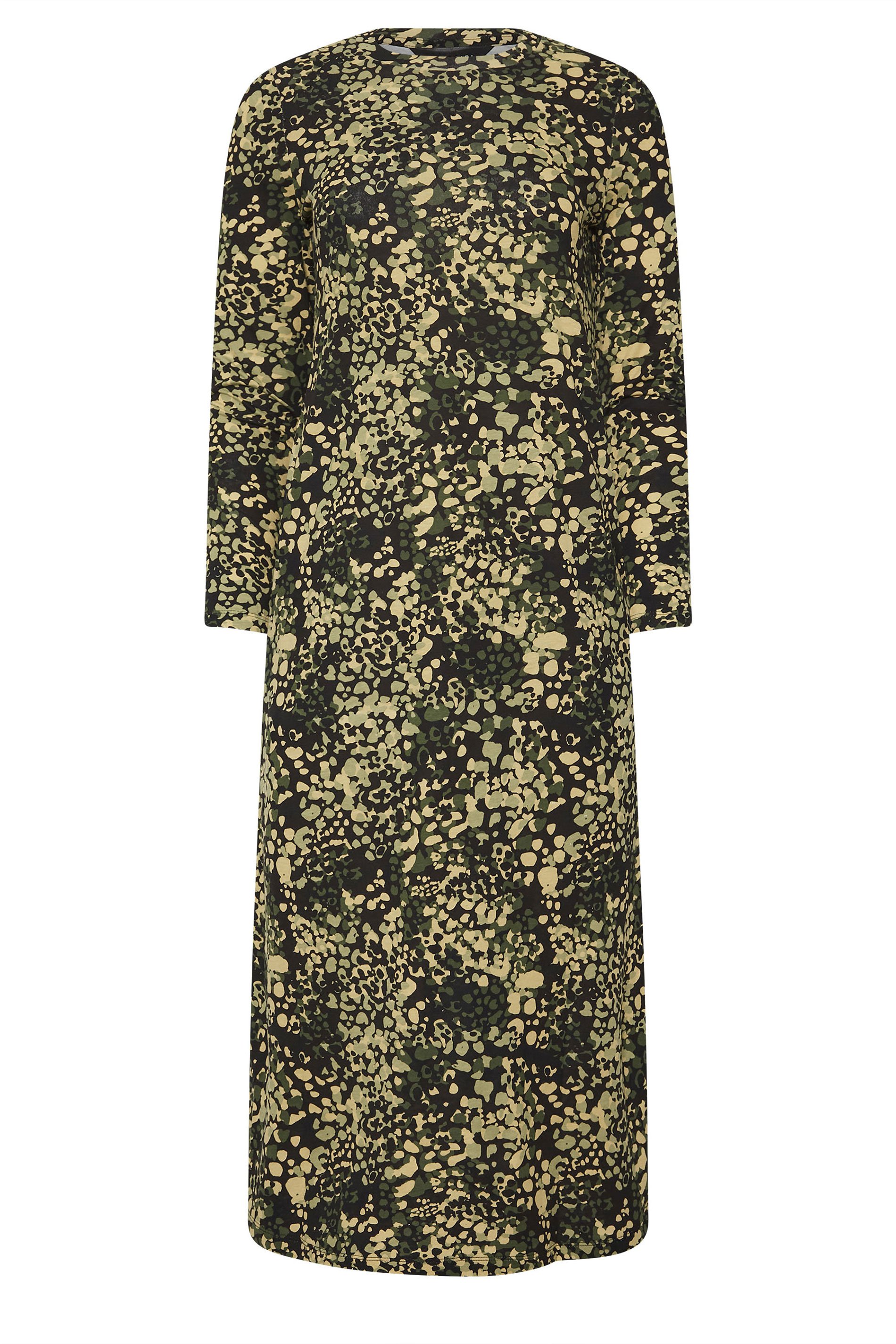 PixieGirl Petite Women's Khaki Green Abstract Animal Long Sleeve T-Shirt Dress | PixieGirl 6