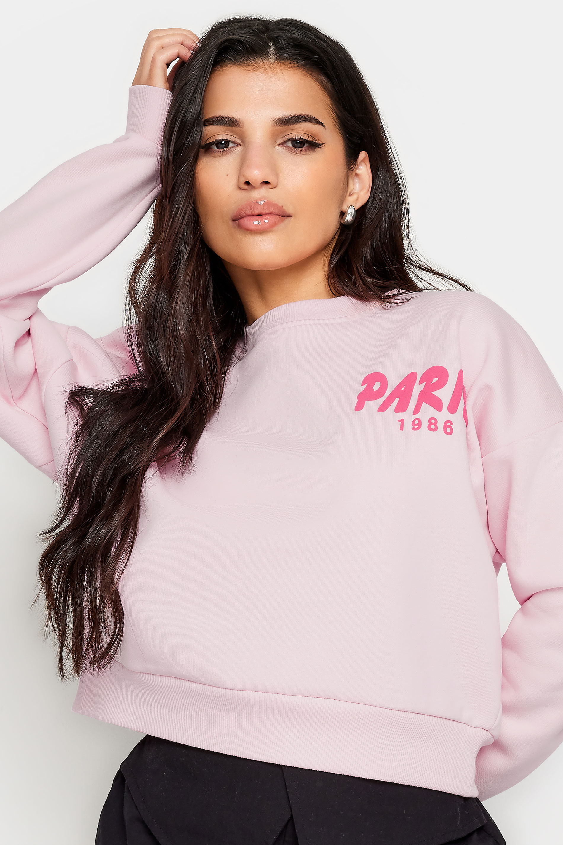 PixieGirl Petite Womens Pink 'Paris' Slogan Cropped Sweatshirt | PixieGirl 3