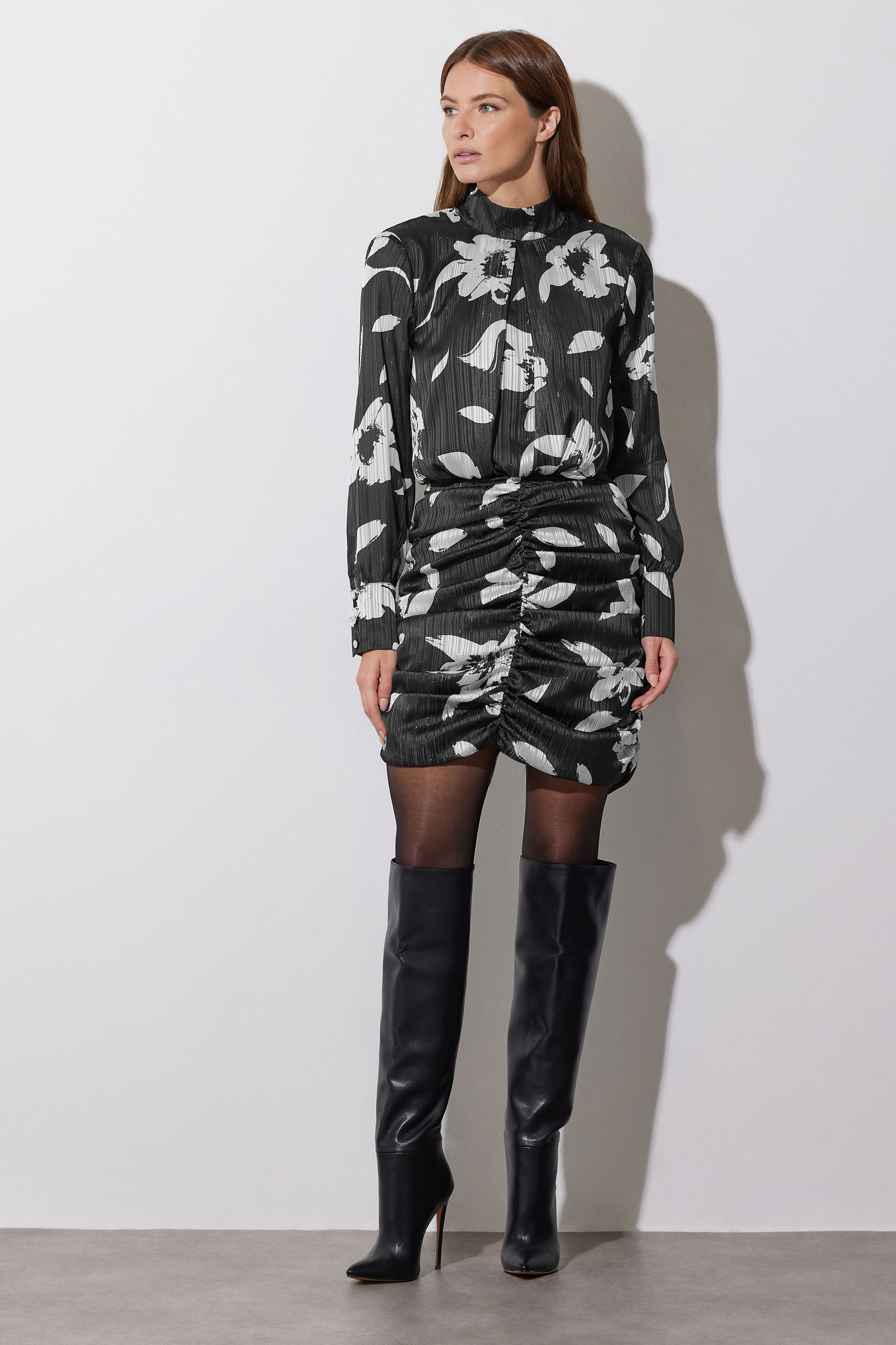 STAR Grey & White Floral Print Ruched Dress | StarByJM 2