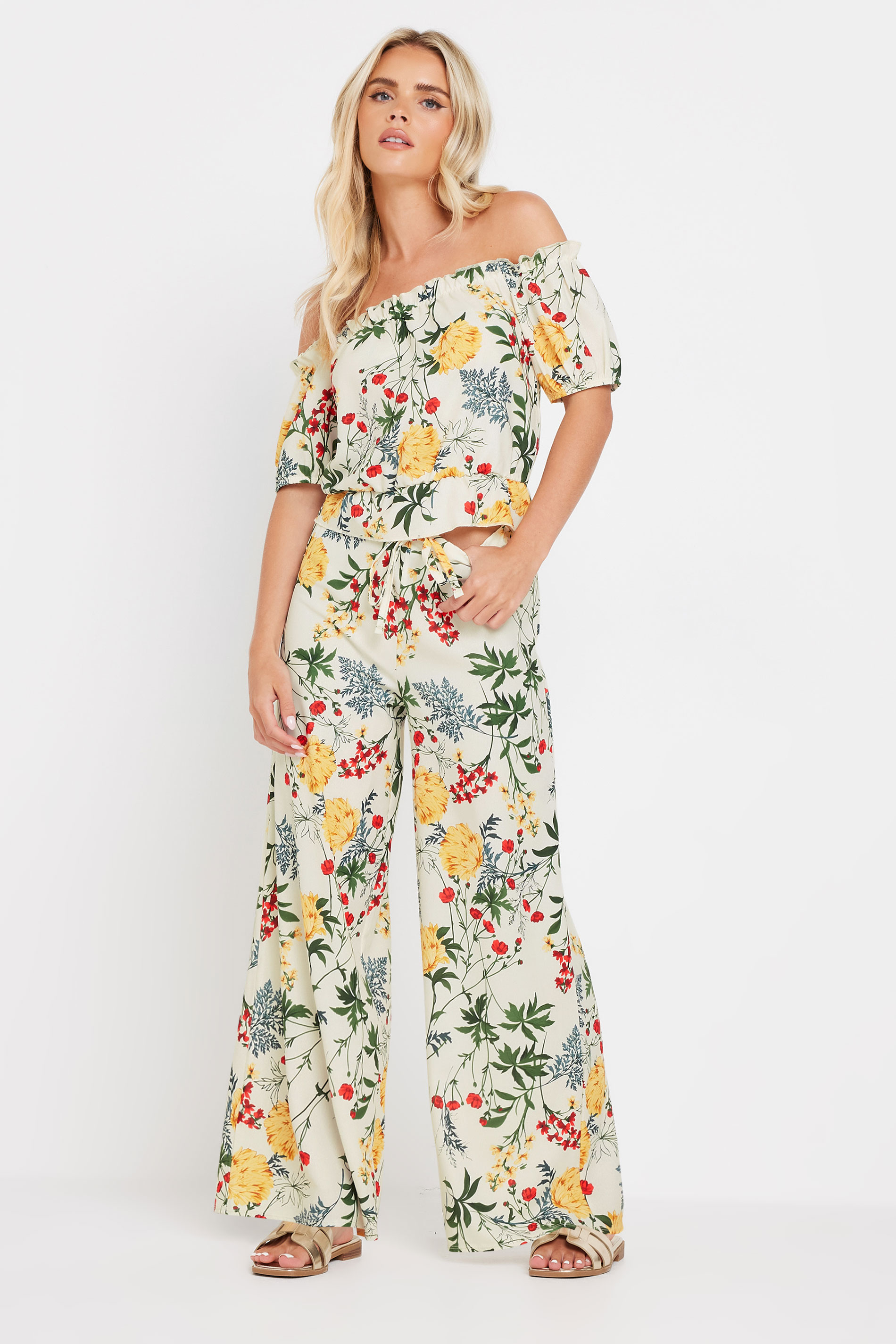 PixieGirl White Floral Print Wide Leg Trousers | PixieGirl 1